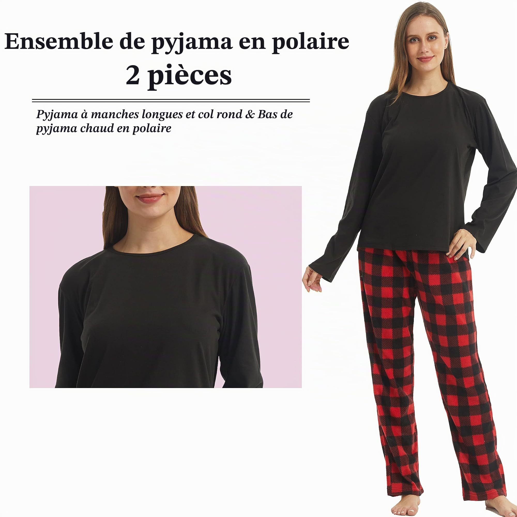 YUSHOW Pyjama Femme en Polaire Hiver Haut Col Rond Bas Carreaux avec Poches