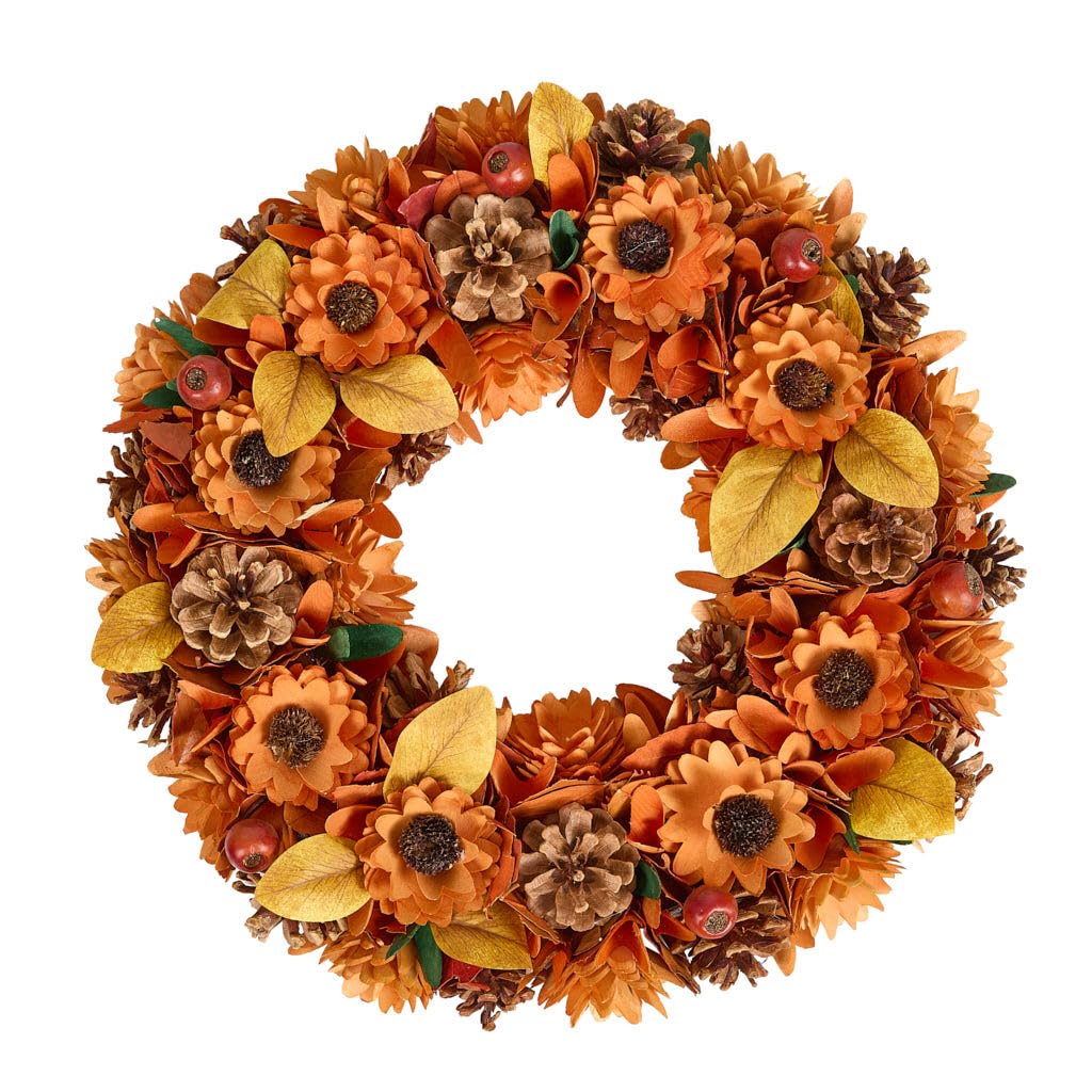 Autumn Wreath Wooden Garland Ornament Floral Evergreen Wreaths (Orange) — image 1