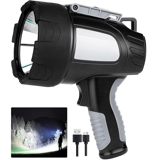 LBE Rechargeable Spotlight Outdoor, 900,000 Lumens Led Spotlight Flashlight with Cob Light and Foldable Tripod, 6 Modes Waterproof Handheld Spot Light for Outdoor Marine Boating Hunting