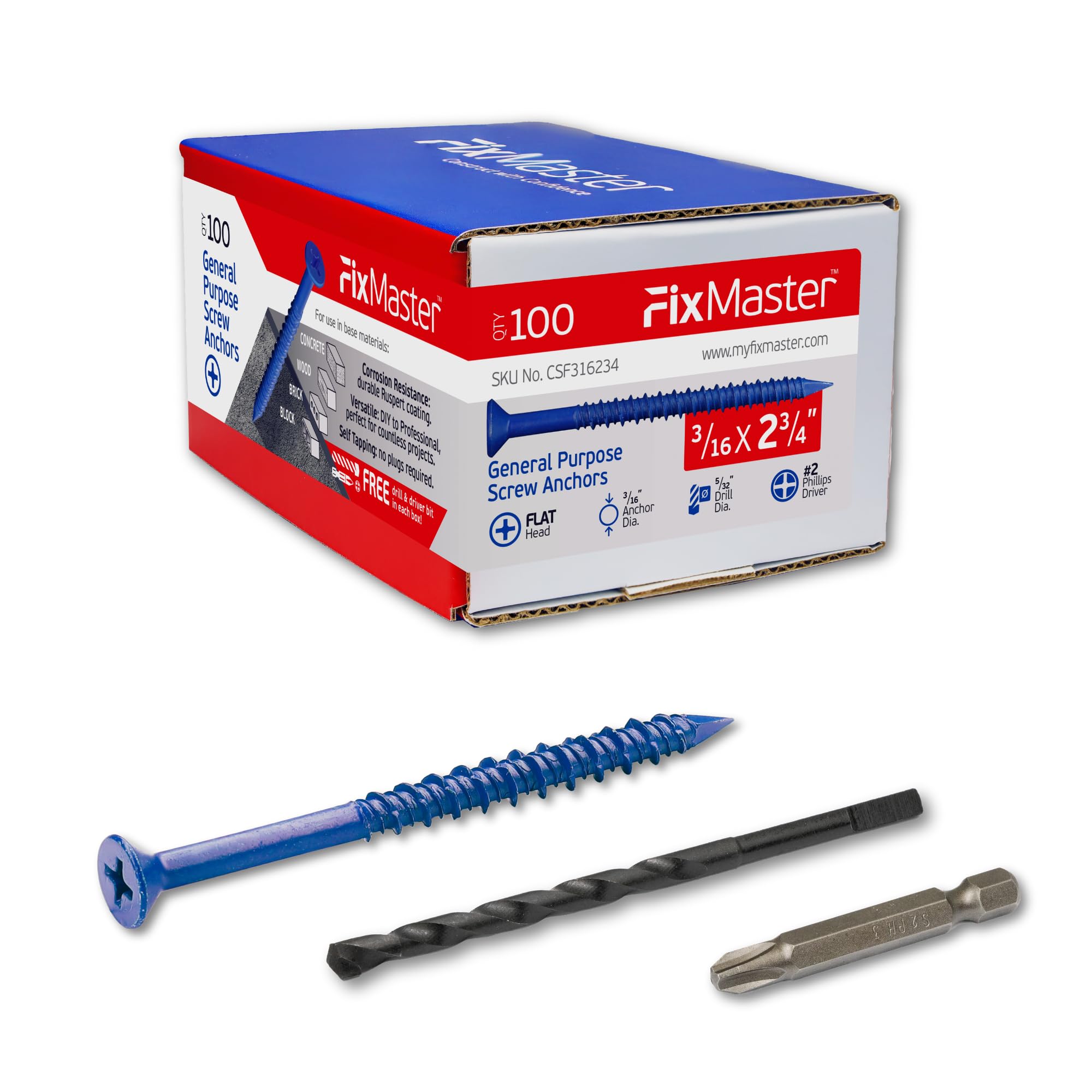 Concrete Screw Anchors - 100 Pack with Drill Bit & Screwdriver -12