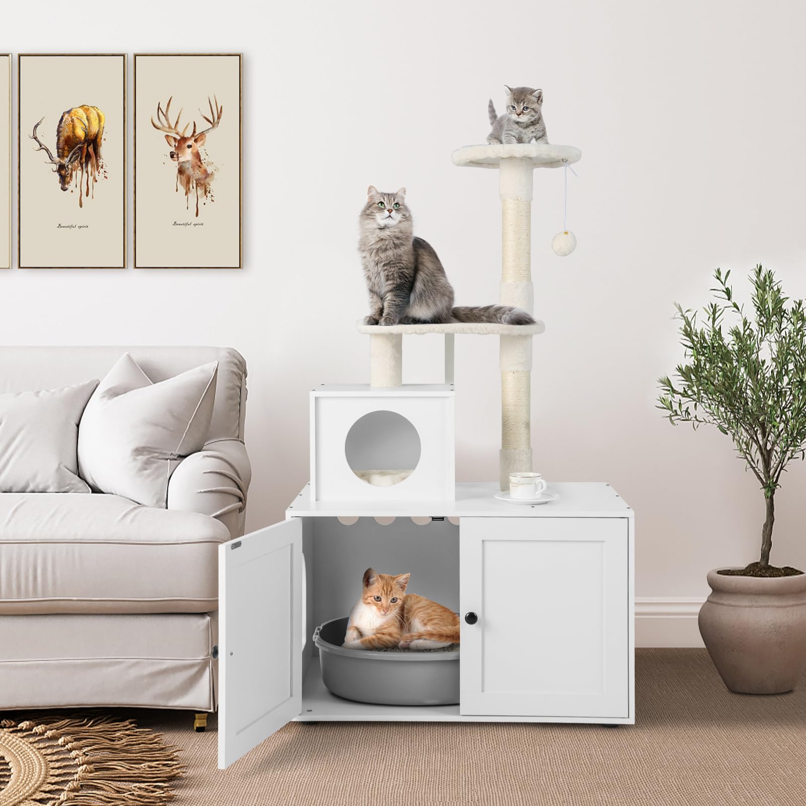 GYMAX 2-in-1 Kratzbaum 132 cm, multifunktionaler Katzenbaum mit Katzentoilette, Katzenschrank mit Katzenhaus, Kletterbaum, Katzenkratzbaum mit Plattform, Sisal-Kratzpfosten & hängendem Ball (Weiß)
