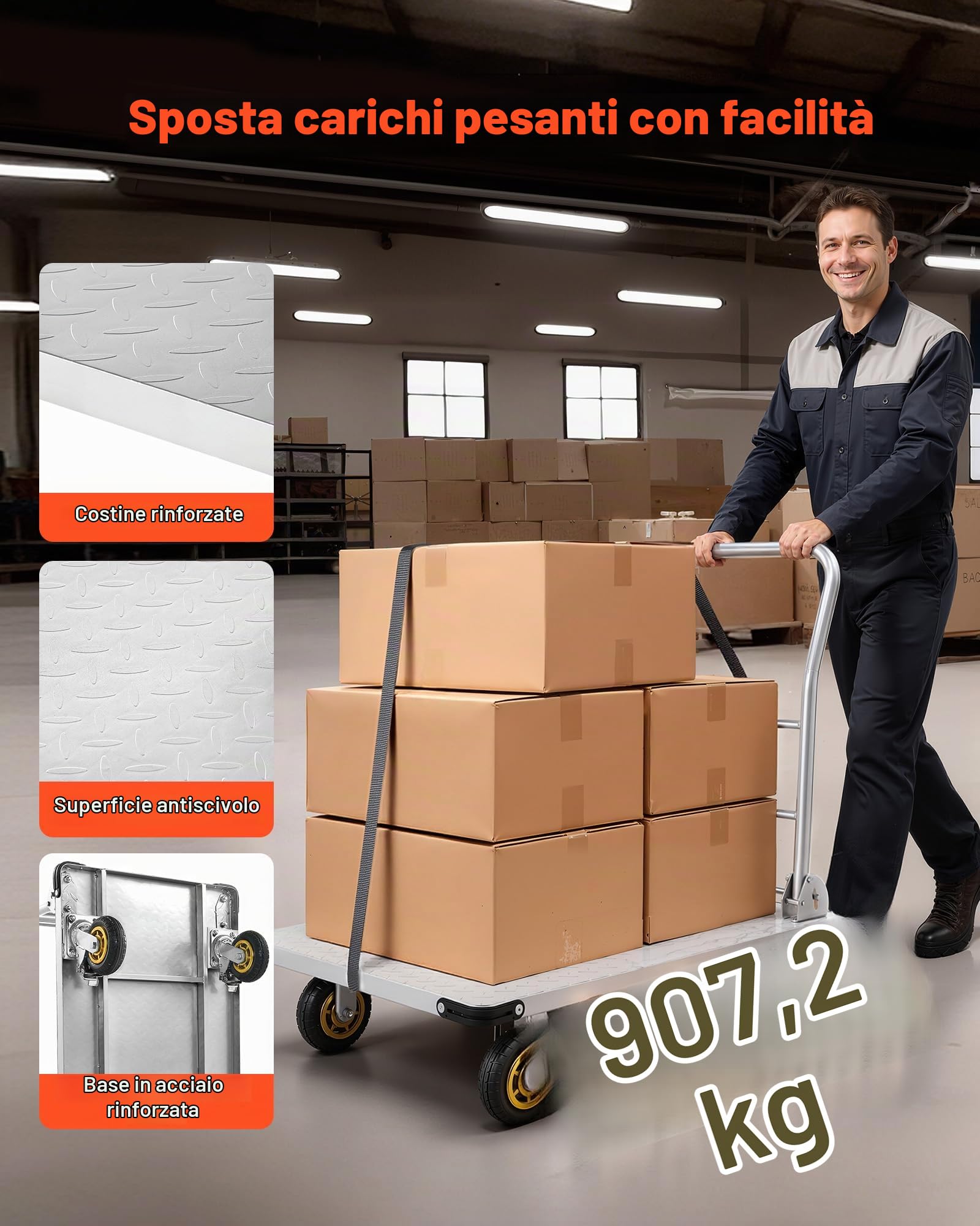 VEVOR Carrello a Piattaforma da Trasporto Pieghevole Capacità Carico max. 907,18 kg, Carrello a Pianale in Acciaio con Ruote Girevoli e Maniglia, Pianali 900x600 mm per Trasporto Garage, Magazzino