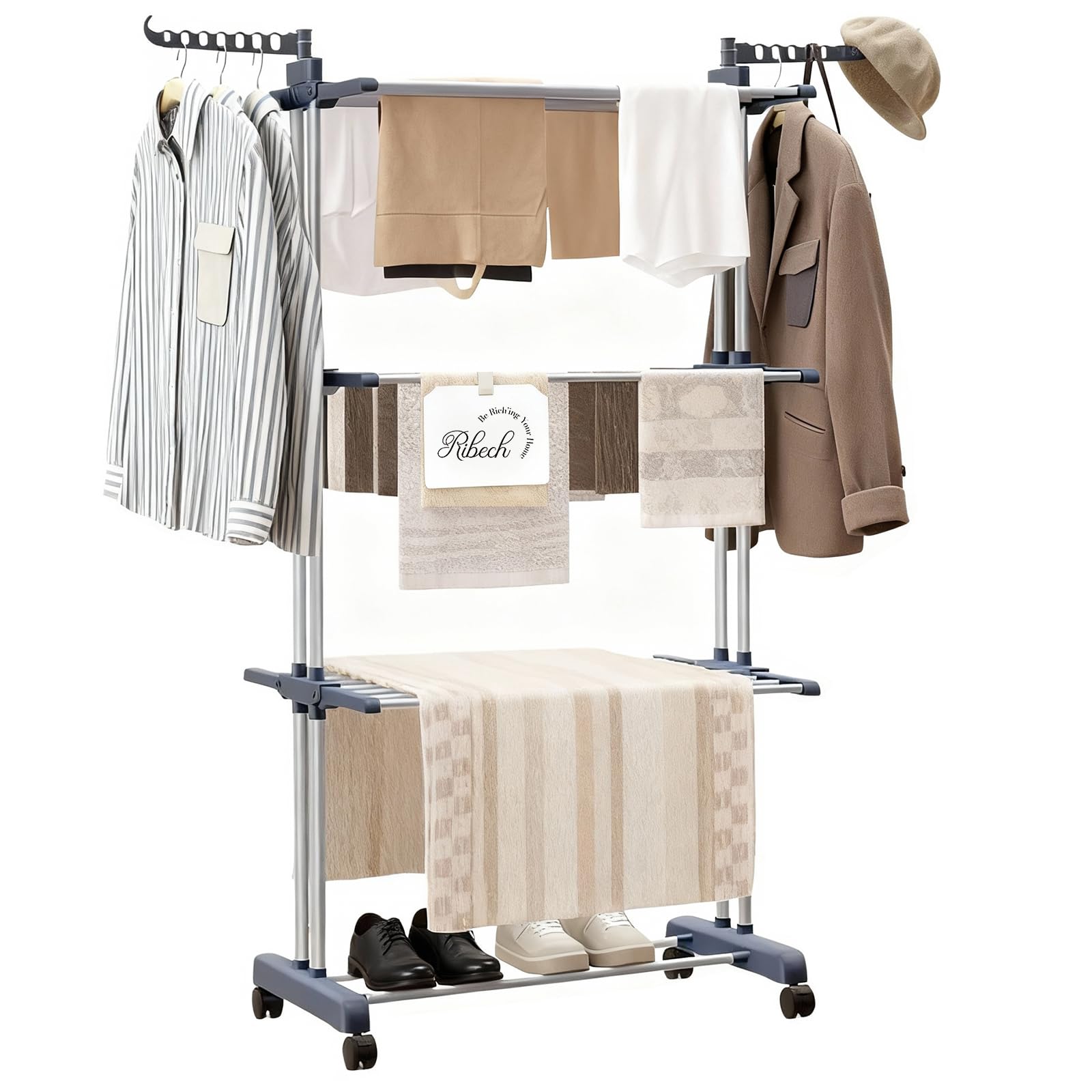 Etendoir Linge Tour sur roulettes | Séchoir 4 Niveaux en Acier Inoxydable avec 6 Ailes Pliantes | 76x50x172 cm | Gain de Place pour Balcon Salle de Bain & Intérieur | Gris