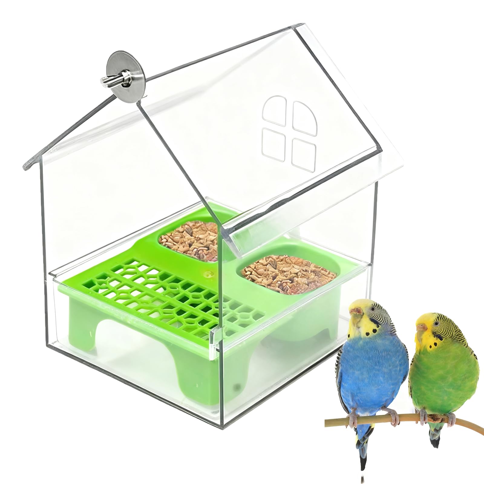Pull-Out External Parrot Feeder, No Mess Bird Feeder, Decorative Transparent Bird Bath Tub with Two Food Slots, Easy to Fill Hold and Clean, Suitable for Parrot & Finch