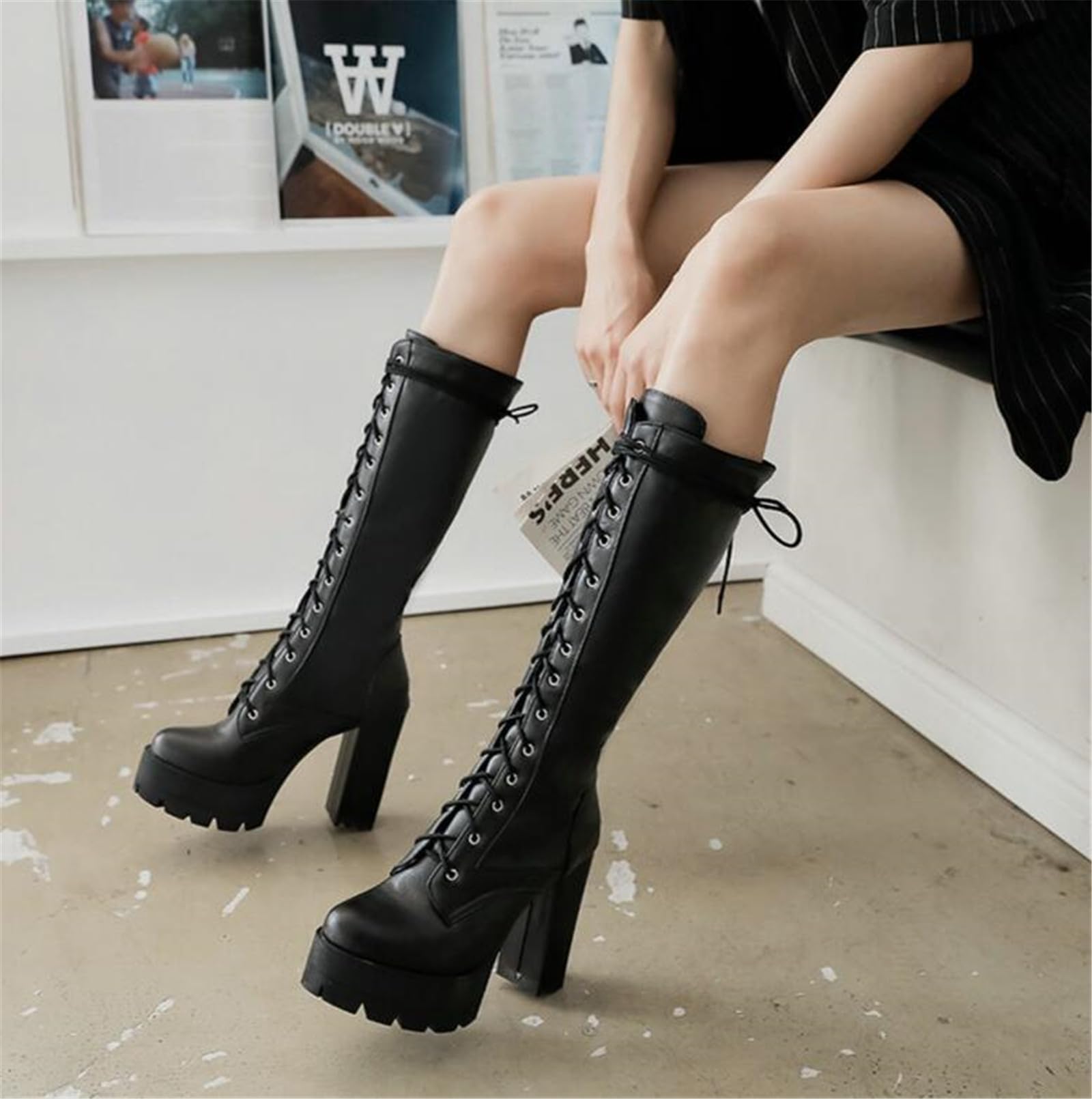 OTMYIGO Damen-Stiefel mit hohem Absatz, Schnürstiefel, Wadenhoch, kniehoch, Militär-Bikerstiefel, Dicker Absatz, Ritterstiefel, Schnürstiefel, Vintage-Stiefel, Steampunk, Gothic