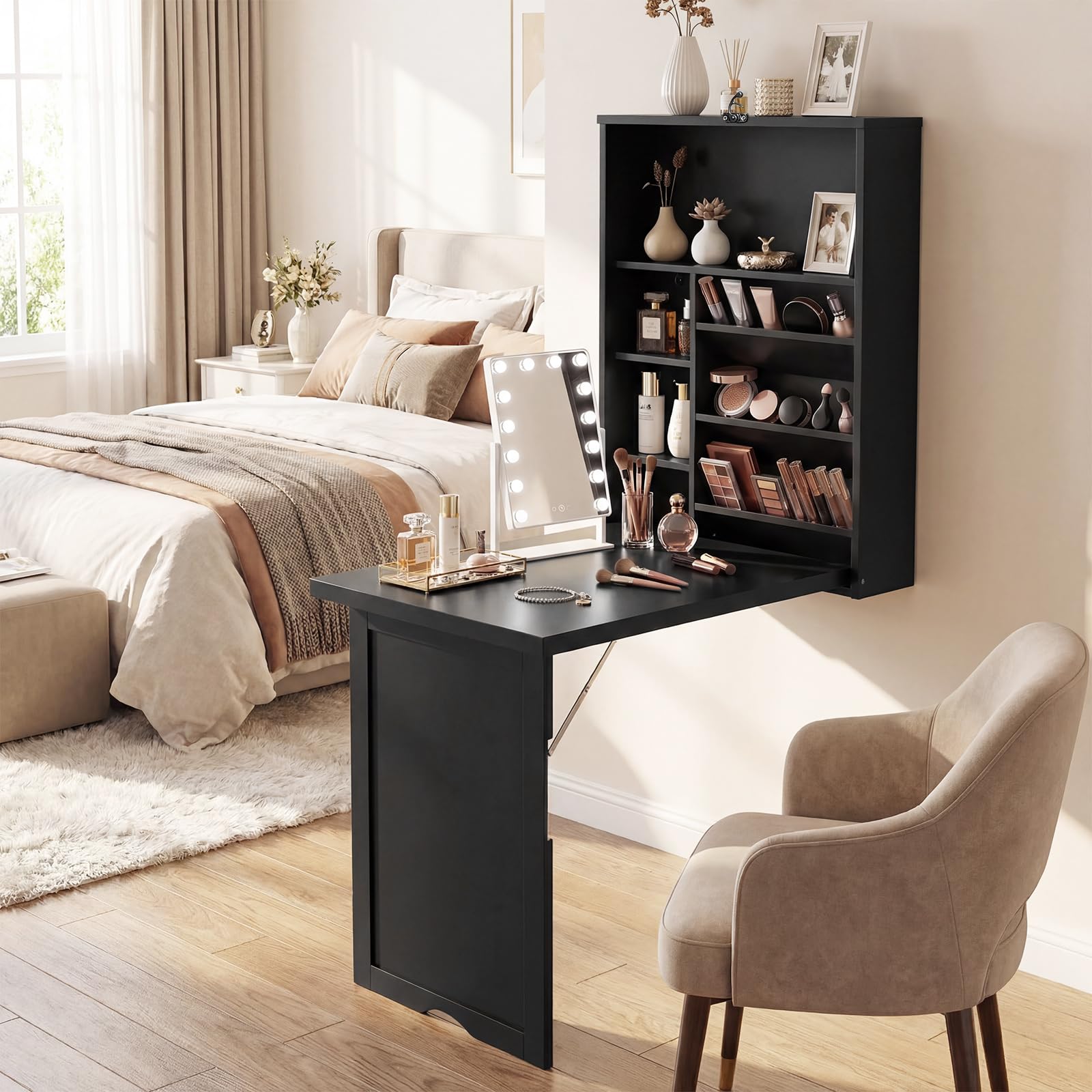 Tangkula Folding Wall Mounted Desk Convertible Fold Out Floating Table with Storage Shelves Space-Saving Drop Leaf Table Murphy Desk for Craft Study Small Spaces Home Office Dorm Black product thumbnail 7