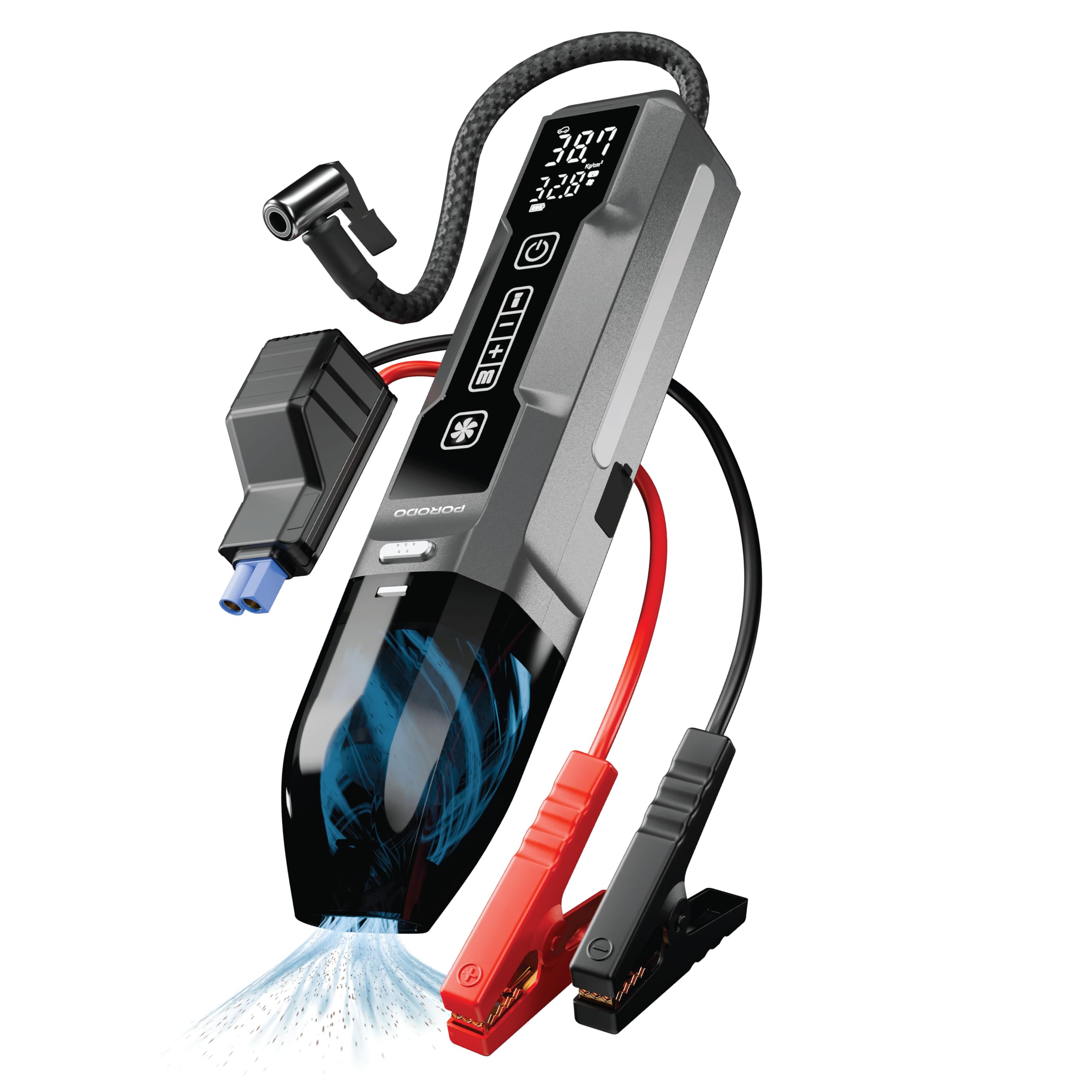 Porodo Multi-Tool Jump Starter & Air Pump with Handheld Vacuum, 400A Peak Current, 150 PSI Tire Inflator, Portable Car Jump Box with Turbo Vacuum & Multi-Mode LED Light for Car, Motorcycle, Bicycle