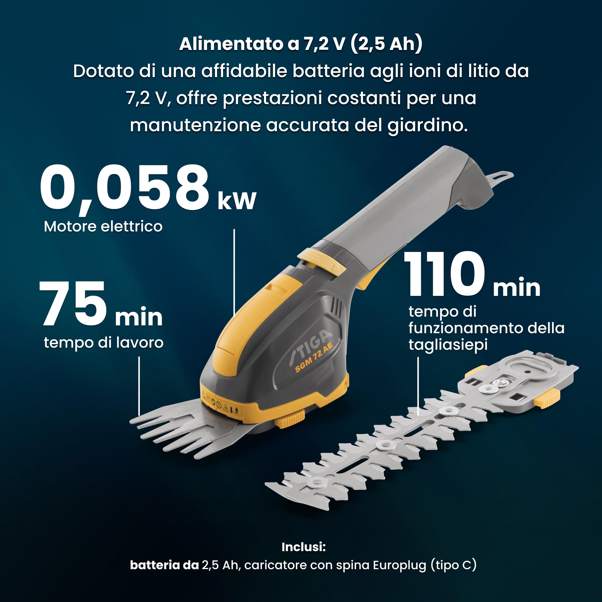 STIGA SGM 72 AE Attrezzo Multifunzione a Batteria, 7,2 V, 2,5 Ah – Lama Tagliaerba 8 cm, Lama Tagliasiepi 18 cm – Manutenzione Giardino