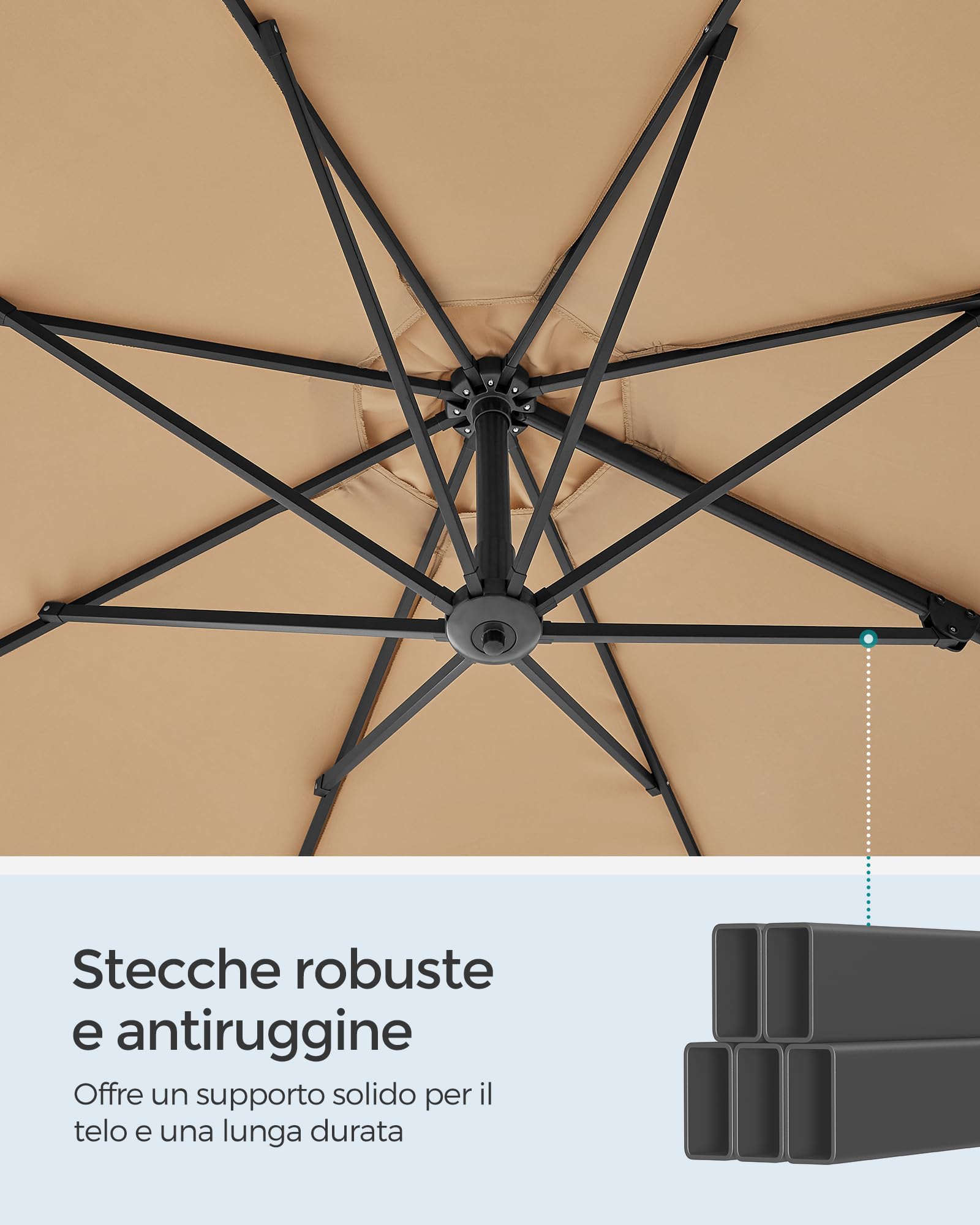 SONGMICS Ombrellone da Giardino 300 cm, UPF 50+, Girevole a 360°, Inclinazione Continua, Manovella per Apertura e Chiusura, con Base a Croce