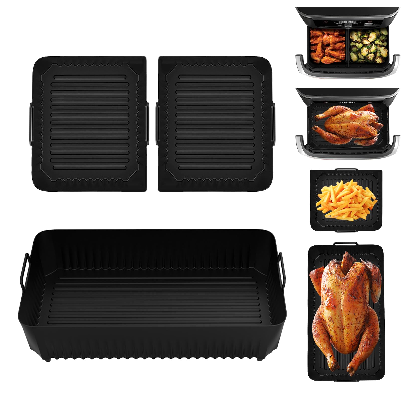 Air Fryer Liners Silicone for Ninja Flex Drawer AF500UK, 3 Pcs Air Fryer Accessories Reusable AF500UK Accessories, Large Airfryer Liners for Air Fryer AF500UK (3 Packs Black)