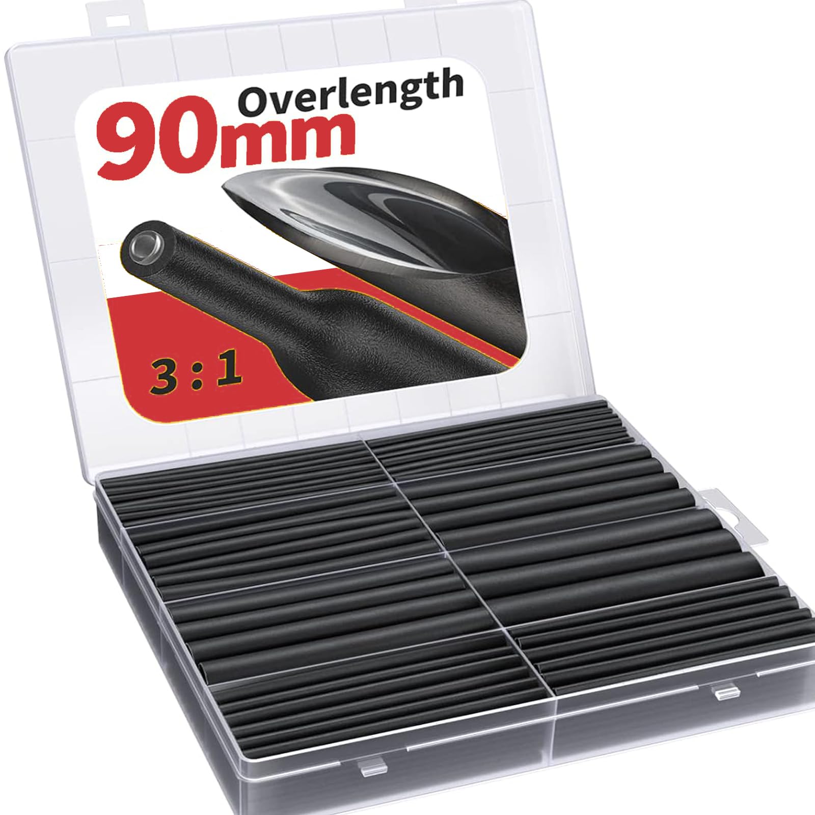 Eventronic 90mm Overlength Heat Shrink Tubing Kit, 3:1 Shrink Ratio Adhesive Lined, 200 PCS, 8 Size, in Total 18 m, Application for Electrical Insulation and Wire Connector by User-friendly Design