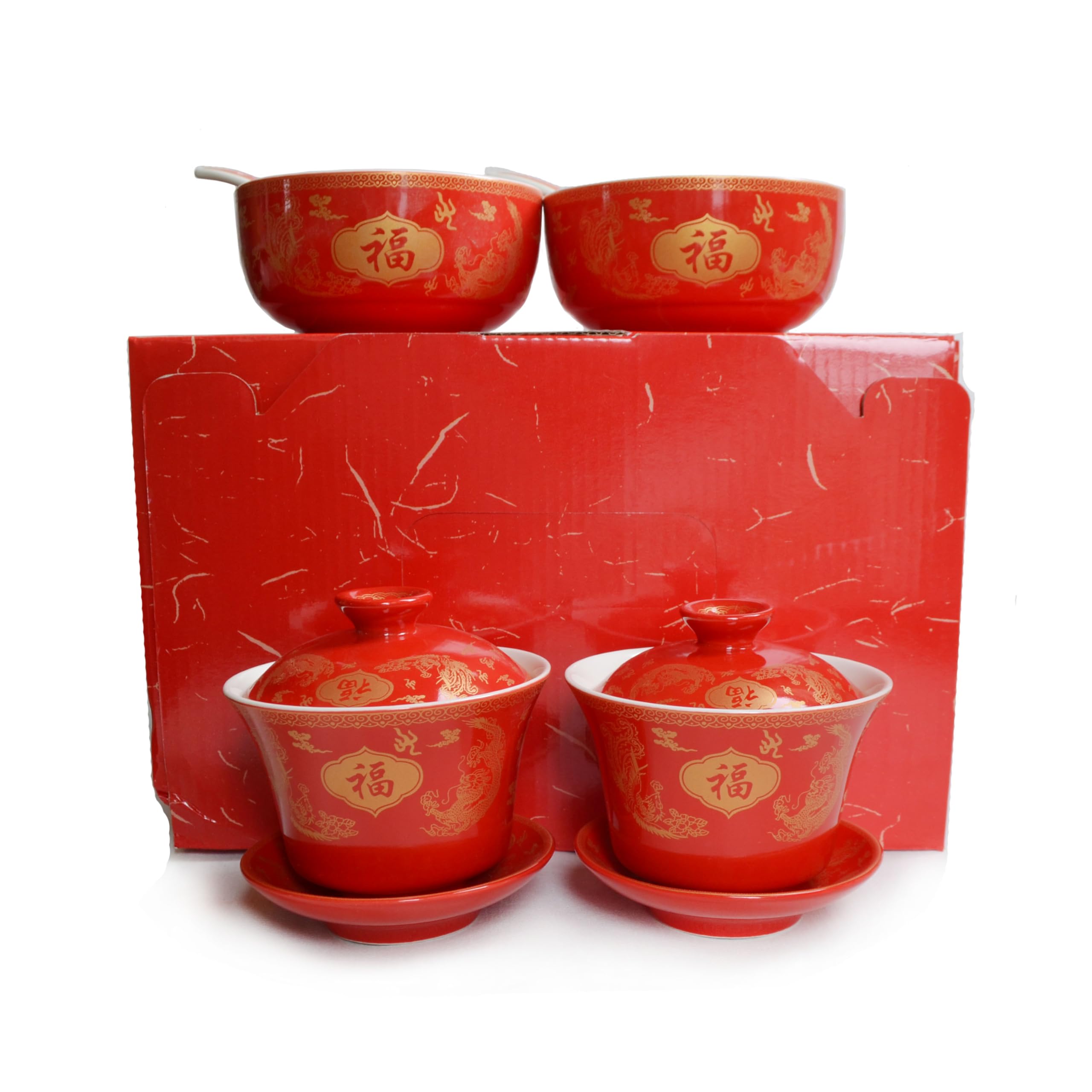Liang baobao Chinese Wedding Tea Gift 6pcs Set Porcelain Gaiwan Bowl Spoon