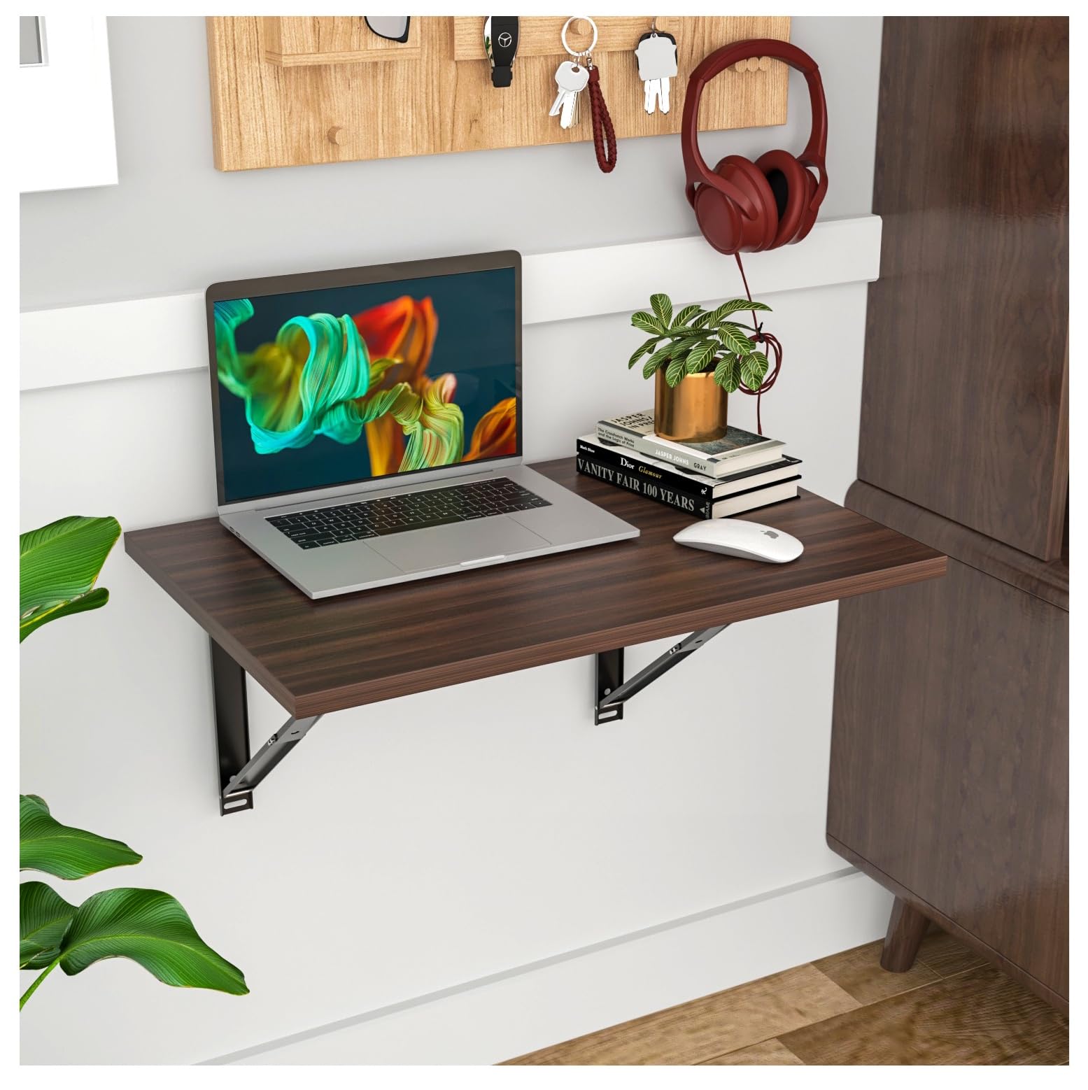 Viz Craft Engineered Wood Wall Mounted Study Table for Smart Space | Multipurpose Wall Hanging Dining Table with Foldable Feature for Dining Room | Study Room | Finish Color - Brown & Black |