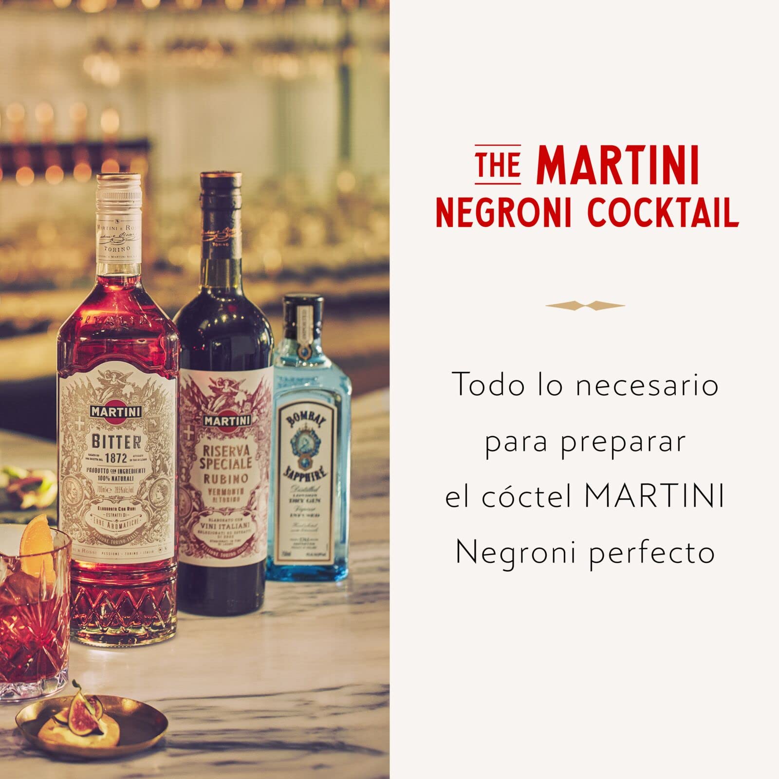 Martini Negroni Set de regalo, que incluye Martini Riserva Speciale Rubino Vermouth 75cl/750ml, Martini Riserva Speciale Bitter 70cl/700ml, Bombay Sapphire Gin 35cl/350ml, un vaso Martini de regalo