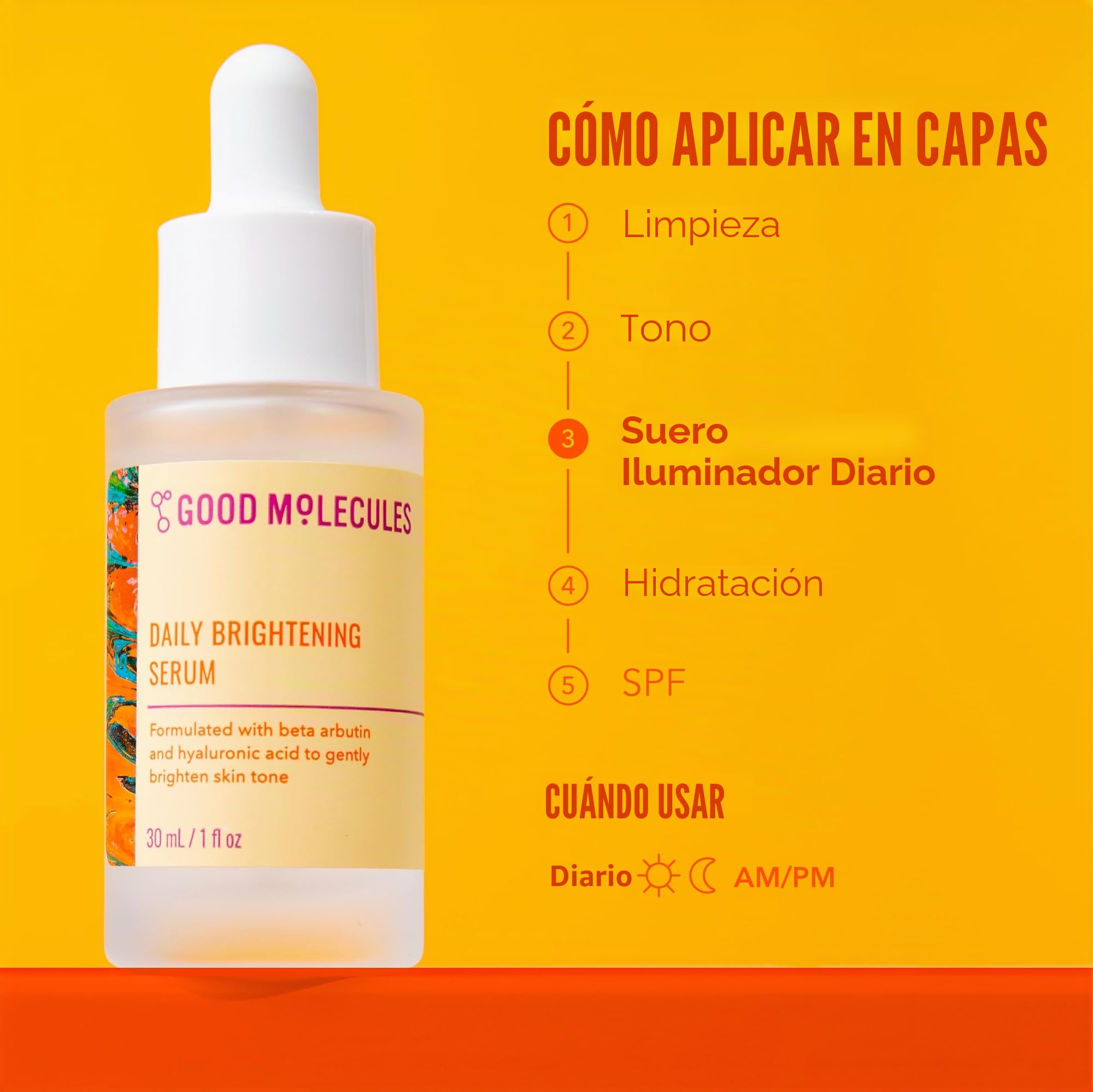 Good Molecules Daily Brightening Serum 30ml/1oz - Sérum facial hidratante con beta arbutina y ácido hialurónico para hacer brillar y equilibrar el tono y la textura, cuidado de la piel para la cara