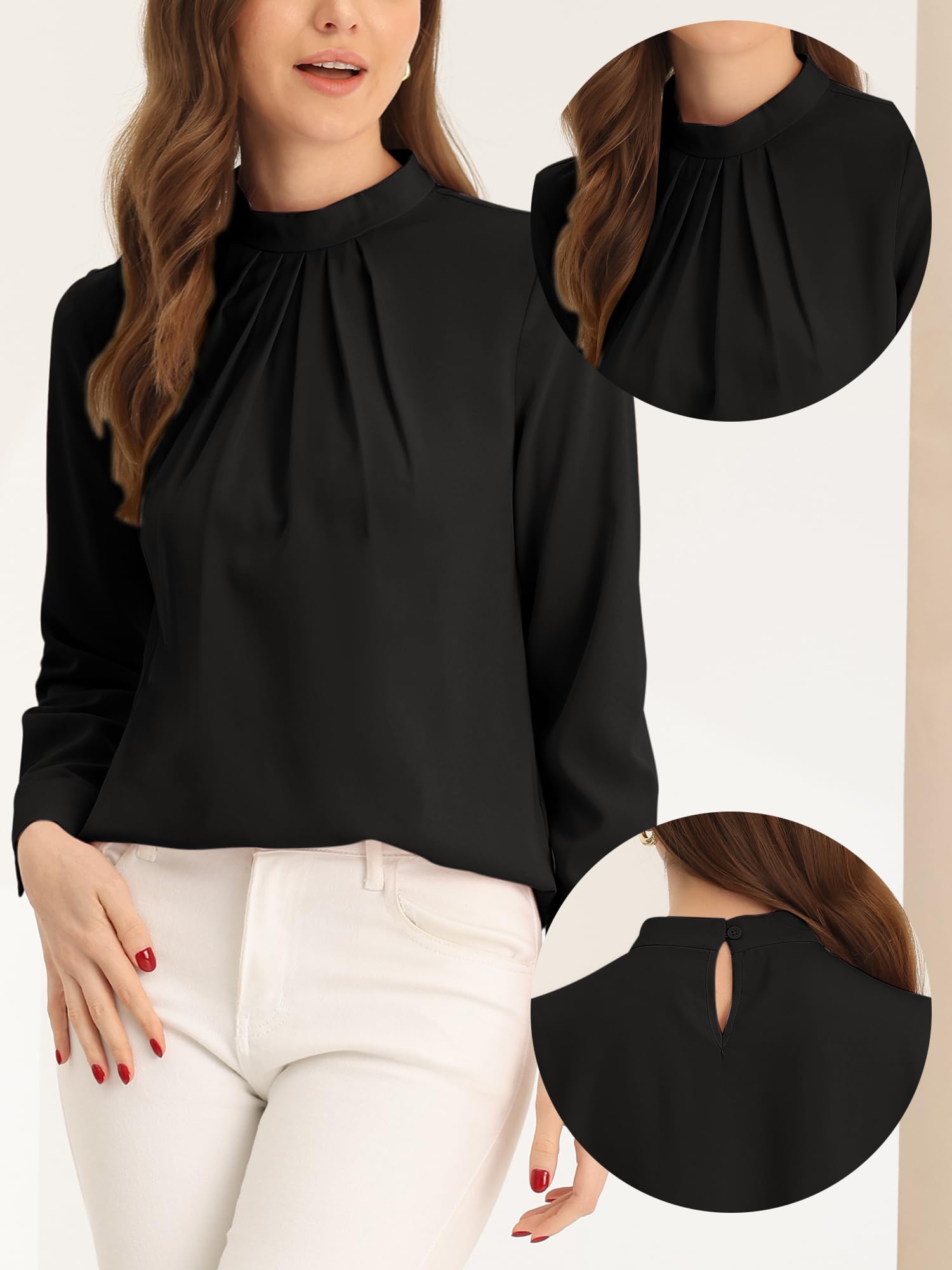 Allegra K Camicetta da donna in chiffon, a maniche lunghe, formale, con colletto alla coreana