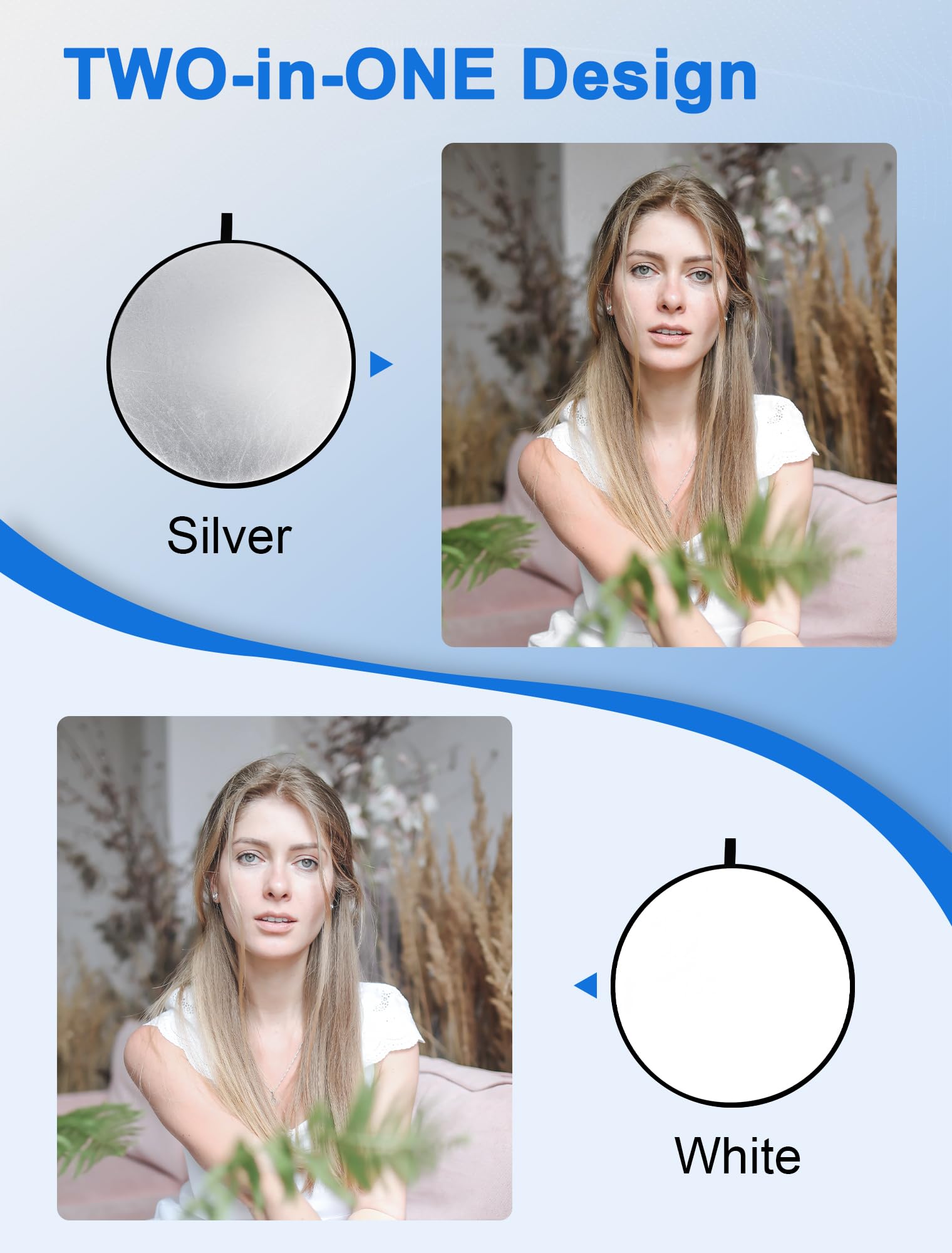 Selens 2 in 1 Foldable 17inch/45cm Light Reflector,Collapsible Disc Photography Reflector Silver,White for Portable Portrait Photography and Outdoor Lighting