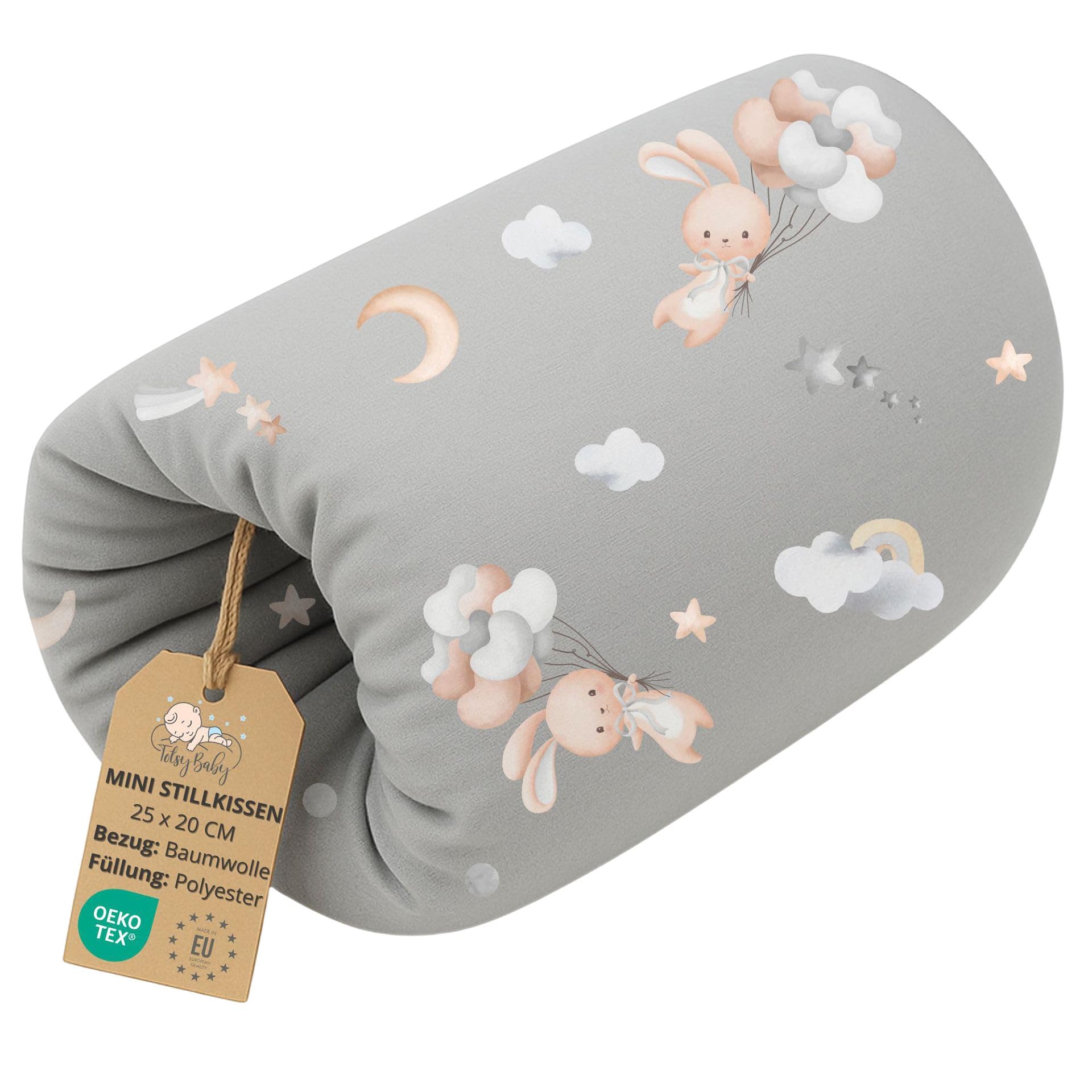 Stillkissen klein Breastfeeding und Nursing Pillow für unterwegs 20 cm - Stillmuff Armkissen und Lagerungskissen Baby Arm Still Kissen aus weicher Baumwolle Oeko-Tex Kaninchen