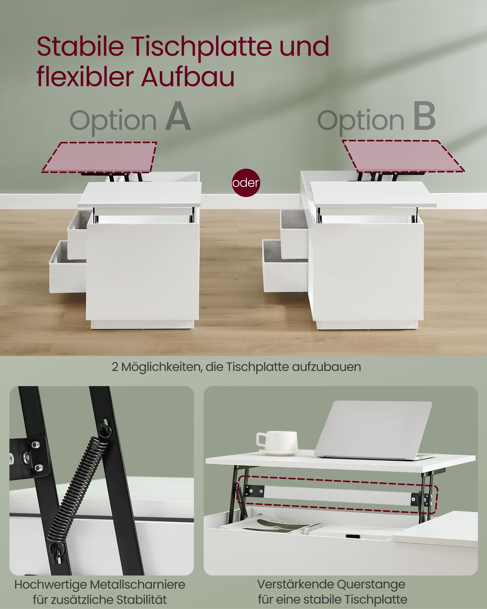 VASAGLE CUSTOS Kollektion - Couchtisch, höhenverstellbarer Wohnzimmertisch, 2 Schubladen und versteckte Fächer, Kaffeetisch, offene Fächer, für Wohnzimmer, Homeoffice, schneeweiß LCT210W01