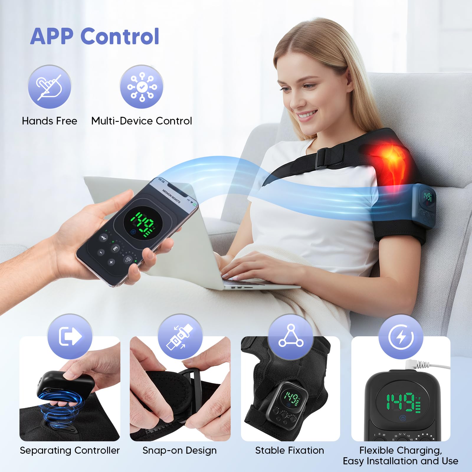 Smart Schultermassagegerät mit Wärme, APP-Steuerung, 8 Modi, Mikrostrom, beheizte Schulterbandage zur Schmerzlinderung, 10-Stunden-Akku-Schulter-Wärmekissen für den Heimbürogebrauch, geeignet