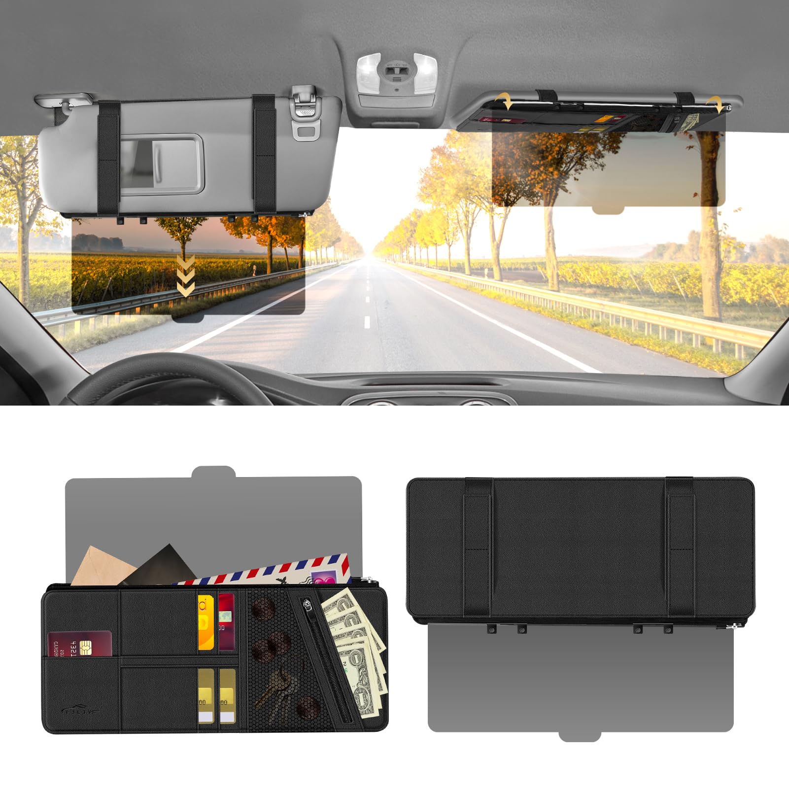 Polarized Sun Visor for Car with Organizer, Upgraded Adjustable Visor Extension, Handmade PU Leather Universal Sun Visor Extender Protects from Sun Glare, UV Rays, Snow Blindness