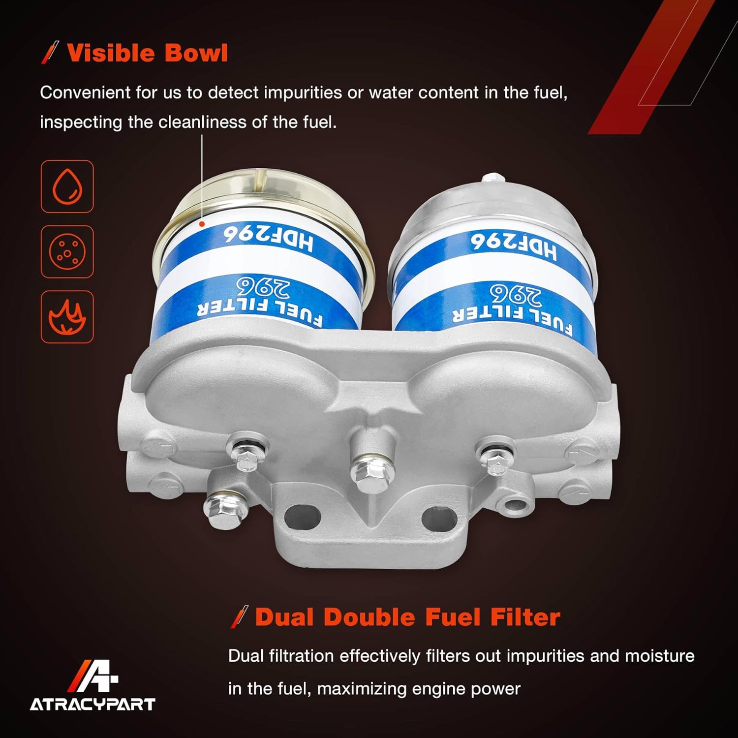 Double Fuel Filter Assembly Fit for Ford 2000 2600 2910 3000 3600 3610 4000 4600 4610 5000 Tractor Models, New Holland NH Universal With Glass Bowl, Replaces# EBPN9N166AA,7111-296