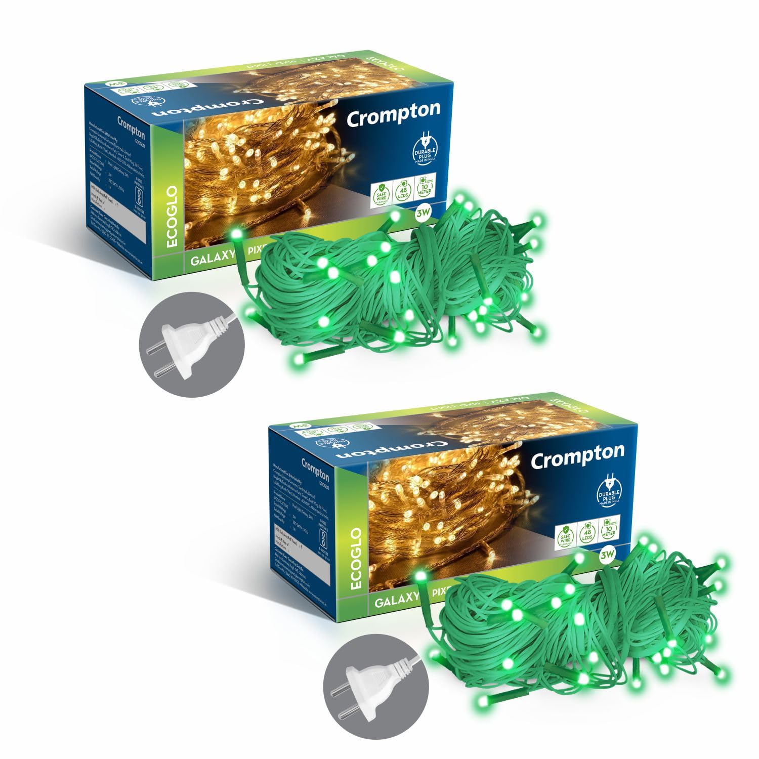 Crompton Galaxy Pixel Light | Festive Ladi Lights | 10 Meter | 48 LEDs | Green | Pack of 2 | Direct 2-pin Plug | BIS Safe Wire | for Home Decoration, Diwali, Festival, Birthday, Marriage