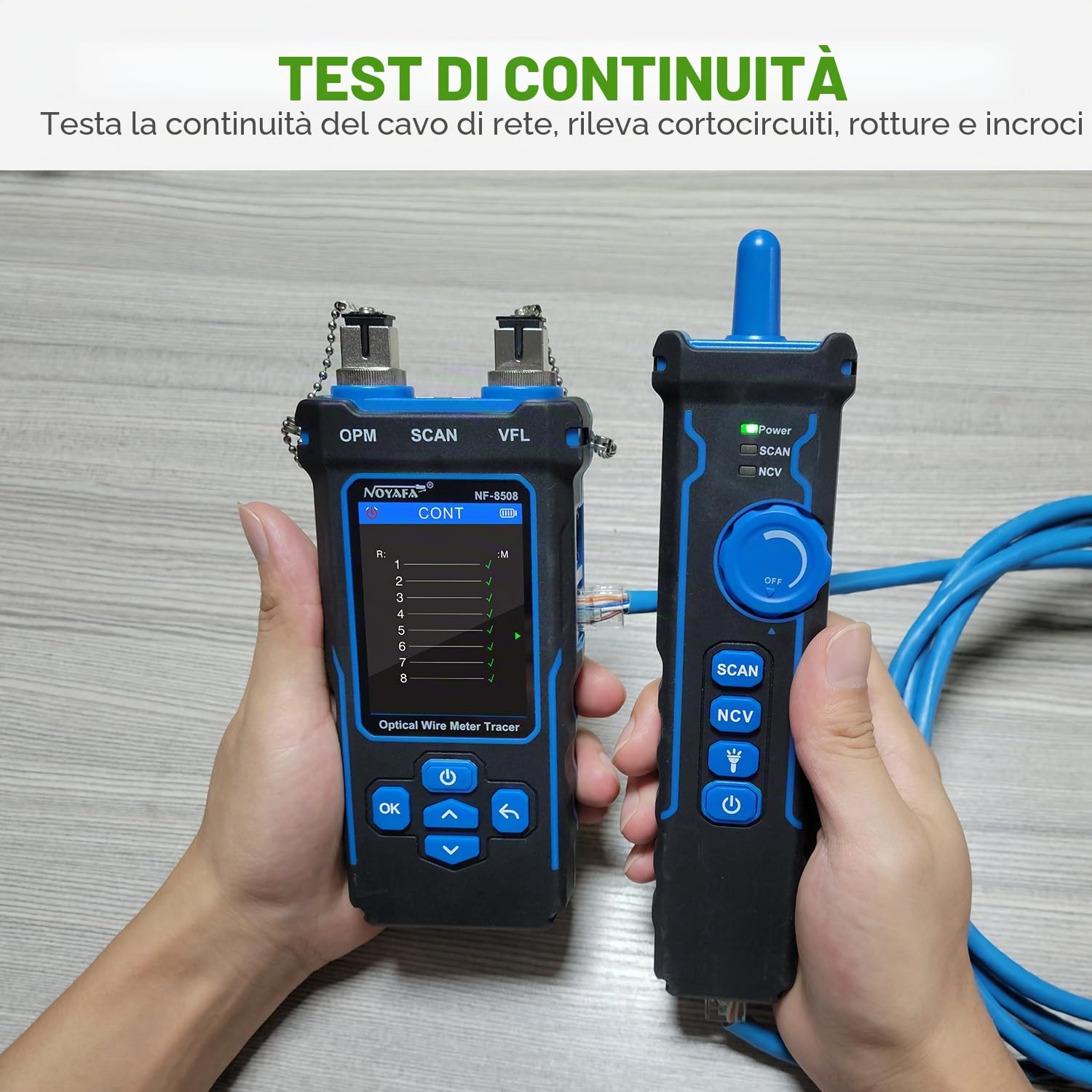 NOYAFA NF-8508 Tester per Cavi di Rete con Misuratore di Potenza Ottica, VFL e Localizzatore di Fili, Tester per Cavi Ethernet CAT5/CAT6, Rete RJ45 e PoE