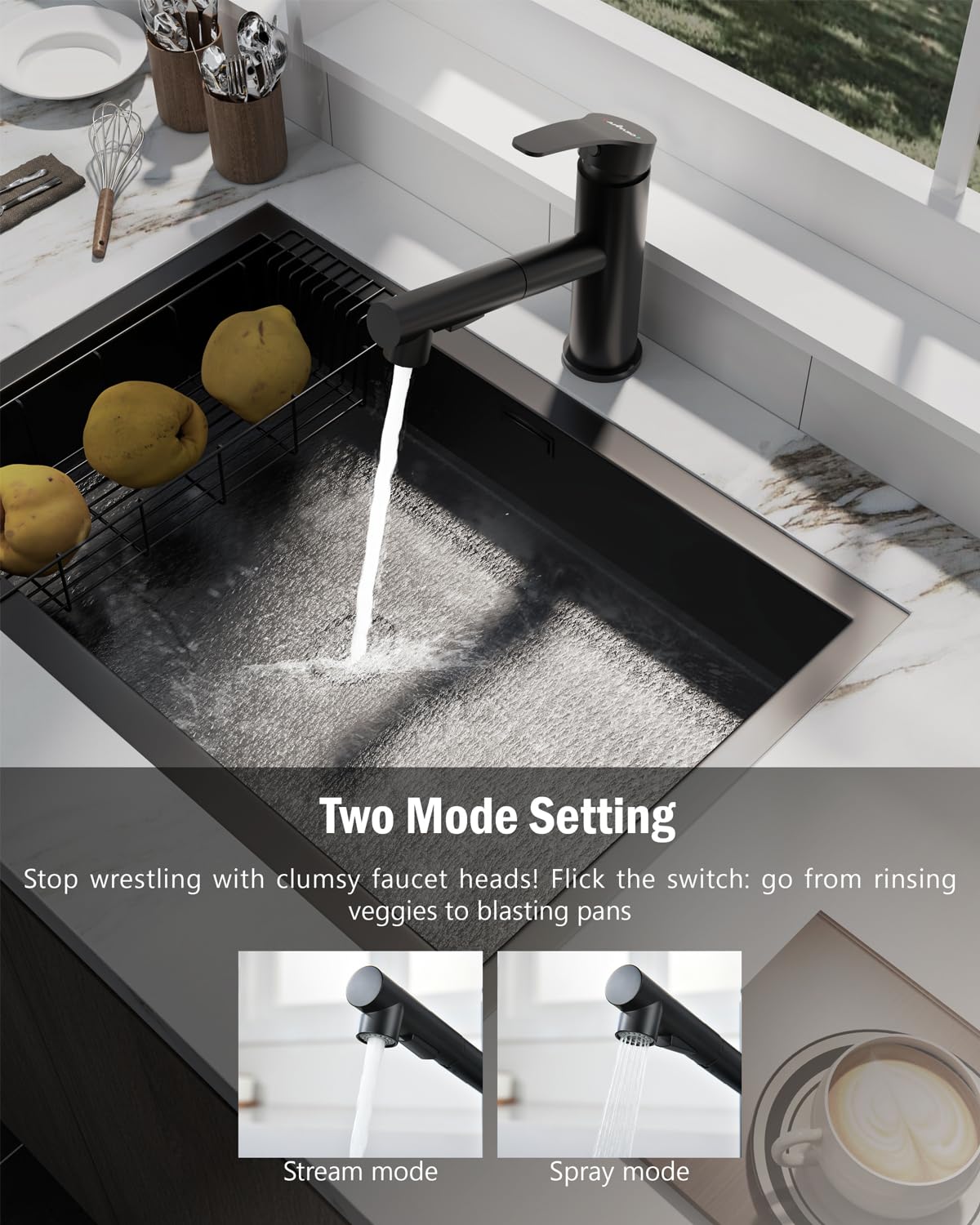 APPASO Wasserhahn Küche Schwarz, Hochdruck Küchenarmatur Ausziehbar, Spültischarmatur Küche mit 2 Strahlarte, 120° Drehbar, Edelstahl Schwarz