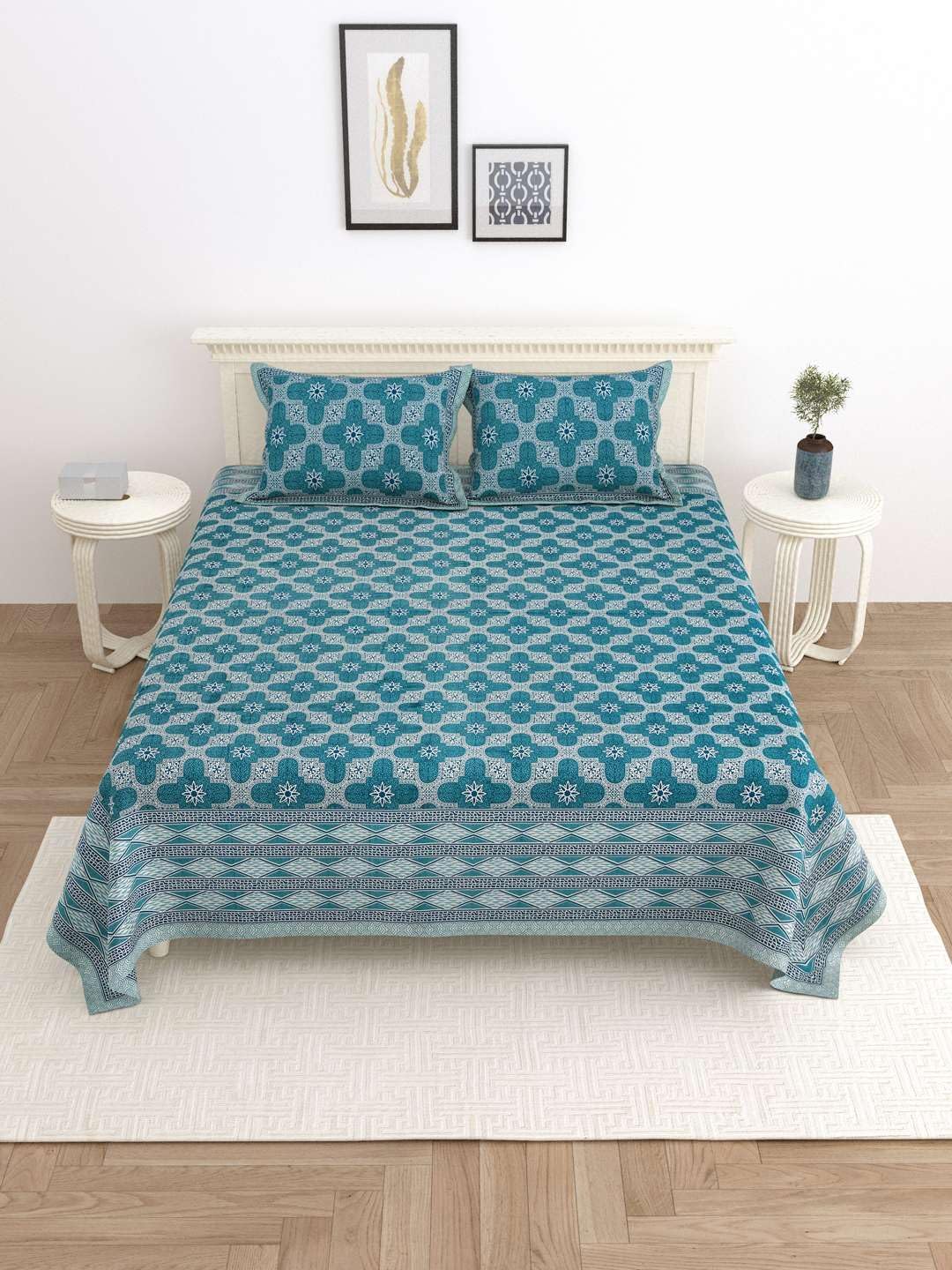 Pure Cotton Double Bed King Size Bedsheet with 2 Pillow Cover Digital Printed Bedsheet 200 TC Premium Comfort Cotton Bed Sheets for Home, Hotels & Guest House (Danim Blue)