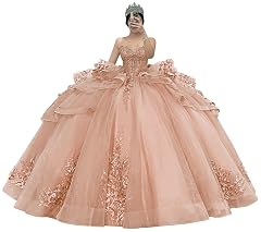Zhangyo Sparkly Tulle Quinceanera Dresses Luxury Tiered Lace Sweet 15 16 Dresses with Bow Strapless Beaded Ball Gown