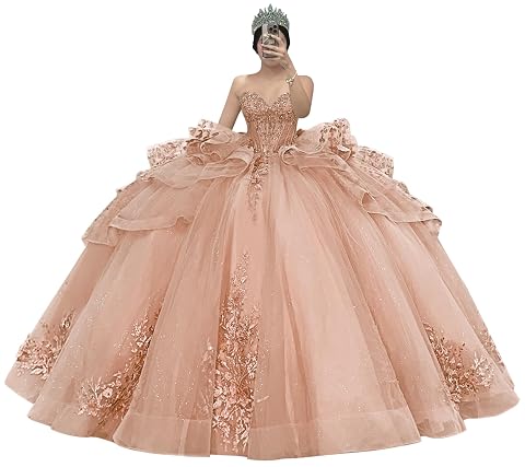 Zhangyo Sparkly Tulle Quinceanera Dresses Luxury Tiered Lace Sweet 15 16 Dresses with Bow Strapless Beaded Ball Gown