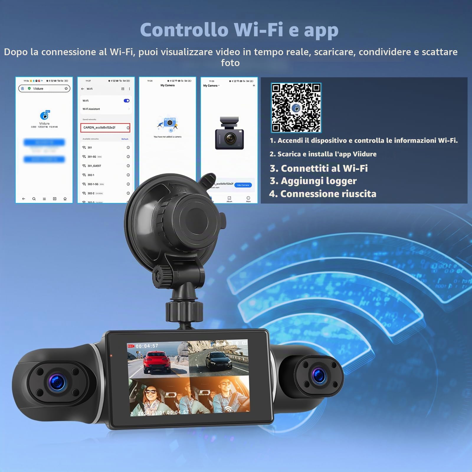 Dash Cam 1080P, Dash Cam a 4 Canali Anteriore e Posteriore Interna, Dash Camera con Schermo IPS da 3 Pollici con WiFi, Visione Notturna, Sensore G, Registrazione in Loop, Monitoraggio Parcheggio 24H