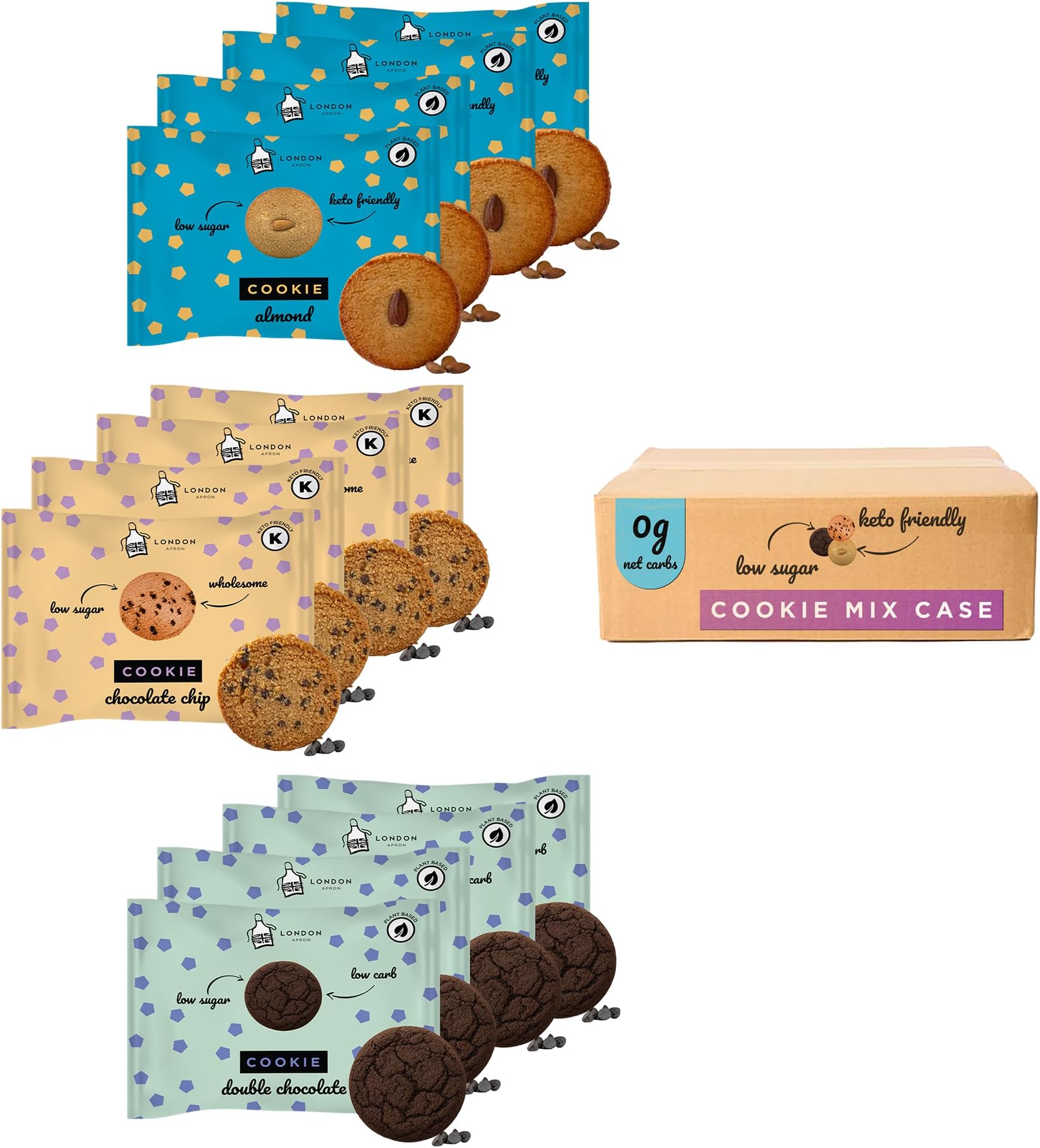 12 London Apron Keto Cookies – Soft Baked Mixed Flavours Box | 0 g Net Carbs • Low Carb Sugar Free Biscuits for Diabetics & Vegan Snack Made in UK (Chocolate Chip, Almond and Double Choc)