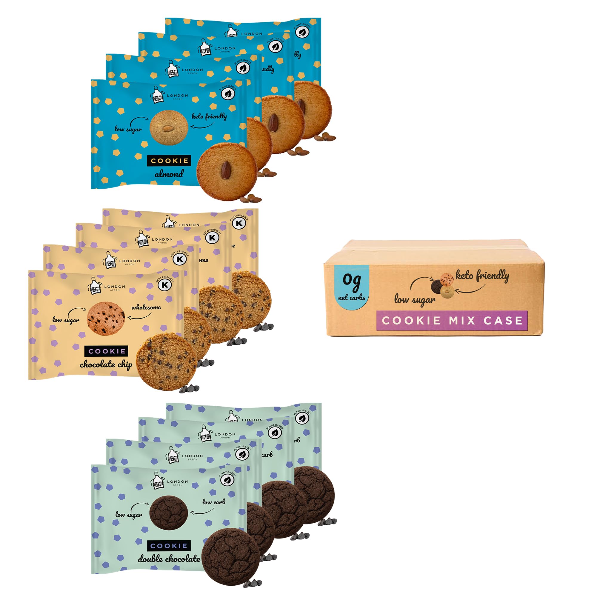 12 Mix London Apron Keto Cookies I 3 Flavours Double Chocolate, Almond and Choc Chip I 12x35g I 0g Net Carbs I Low Sugar I High Fibre I Dairy Free I Keto Snack I Gluten Free I High Protein I Vegan