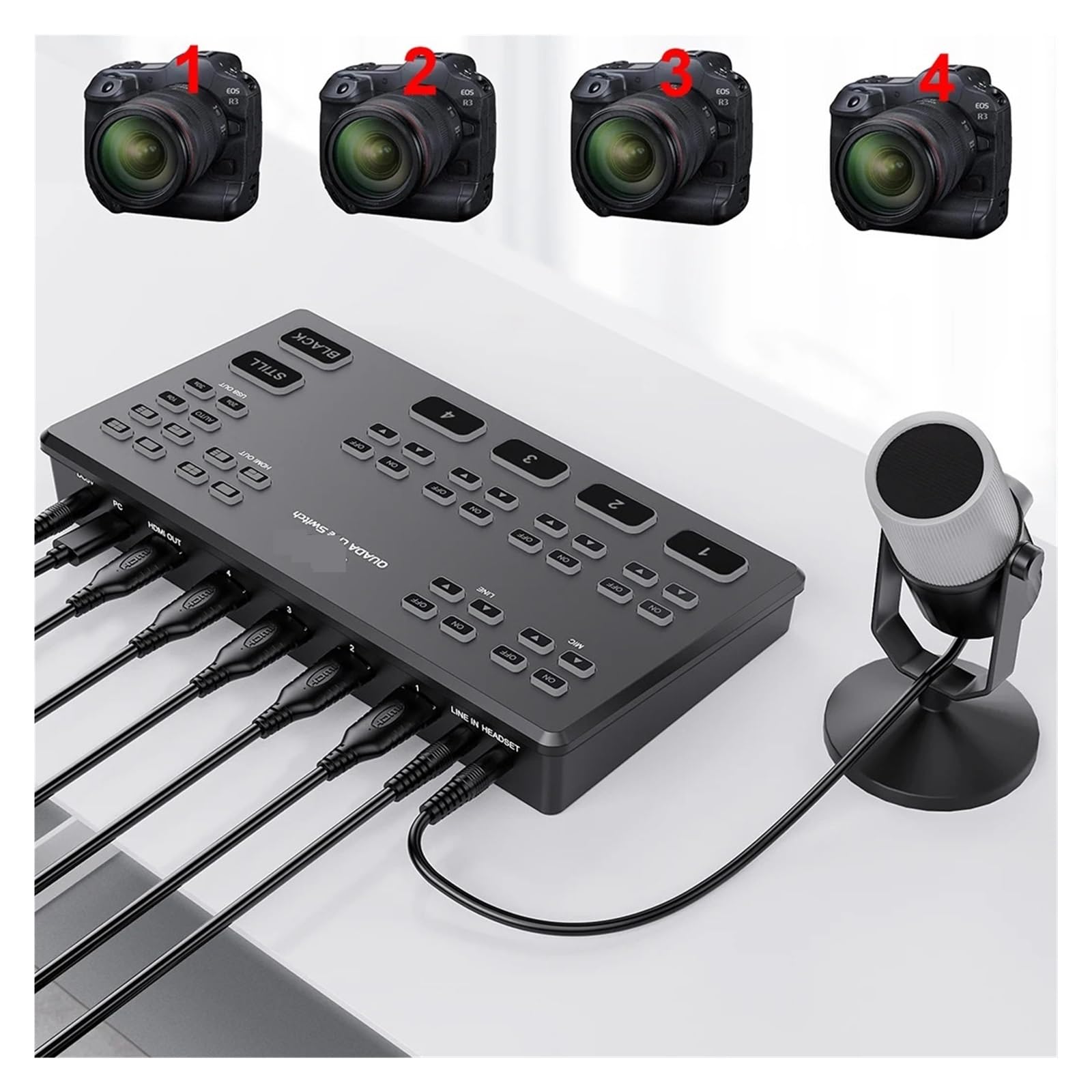Convertidor Digital, Conmutador de transmisión Video HD60 con 4 entradas, Captura 1080P y conmutación for producción multicámara en
