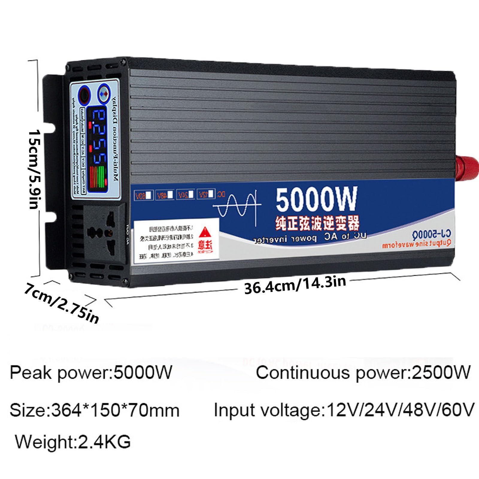 Inversor de 5000 Vatios de Onda Sinusoidal Pura CC 12 V 24 V 48 V a 220 V CA Inversores de Corriente con Tomas de Cargador de CA, para el Hogar, Camping, Vehículos Recreativos,12v