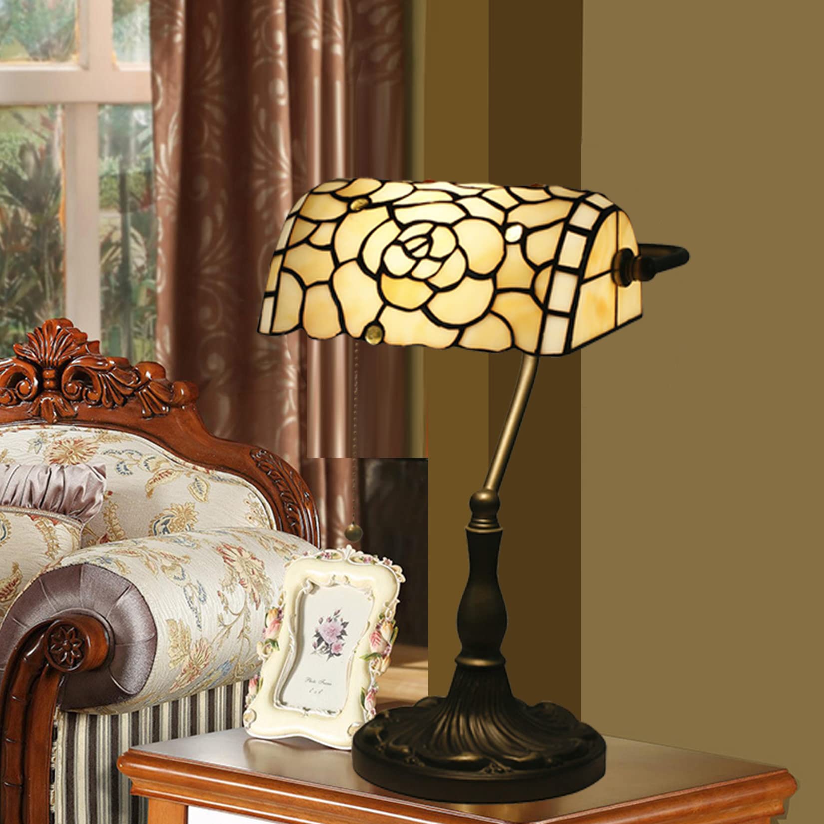 Lampada da banchiere, Lampada da Tavolo o scrivania in Vetro colorato con Rosa Beige Bianca, Lampada da Pianoforte, Lampada da Comodino per Camera da Letto per Ragazza Amante, Base in Lega con