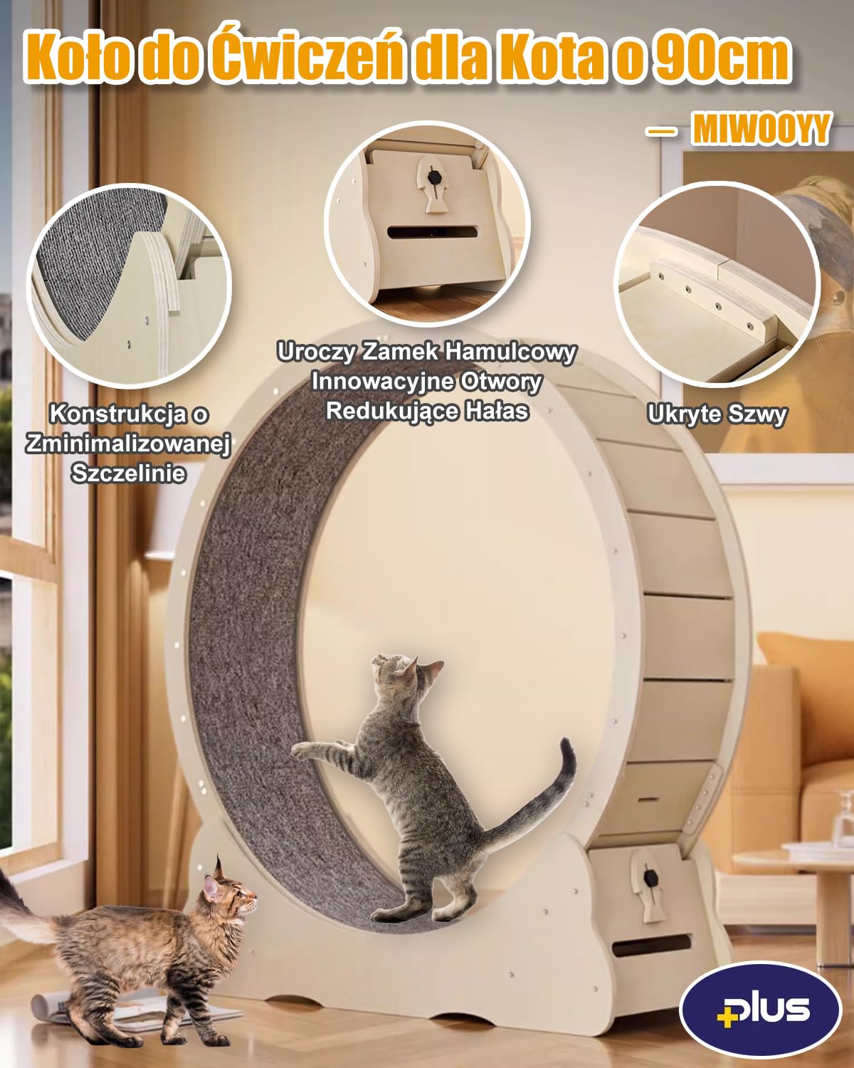 Naturalny Kołowrotek dla Kota 90 cm z Drewna, Cichy i Stabilny | Blokada Bezpieczeństwa, Szczelina Poniżej 6 mm Chroni Łapy, Udźwig do 20 kg, Zdejmowana Mata, Łatwa do Czyszczenia