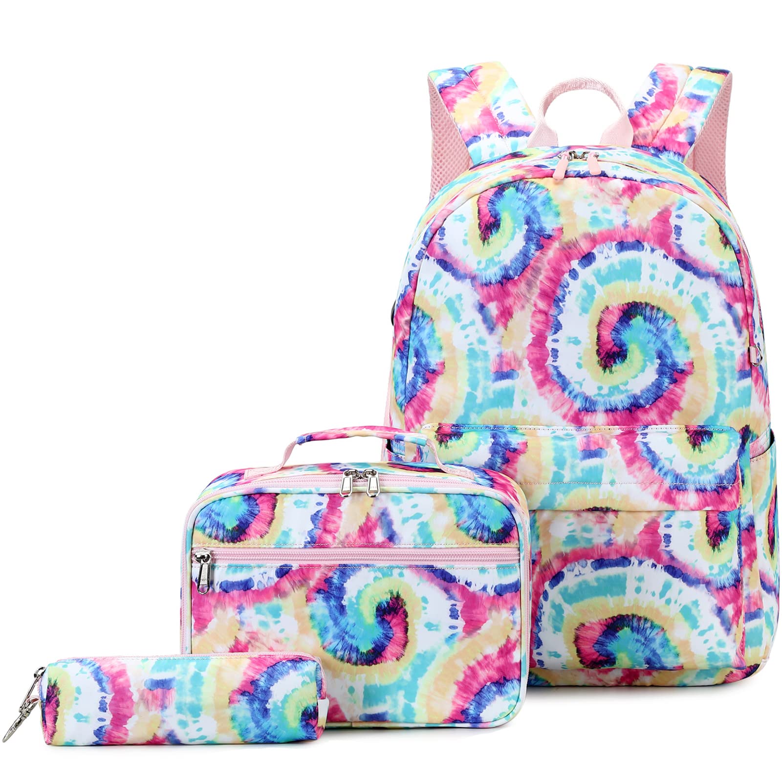 Joyfulife Girls Tie Dye Pink Backpacks, Tie Dye Backpack For Kids Bookbags School Backpack With Lunch Box, Tie Dye Backpack