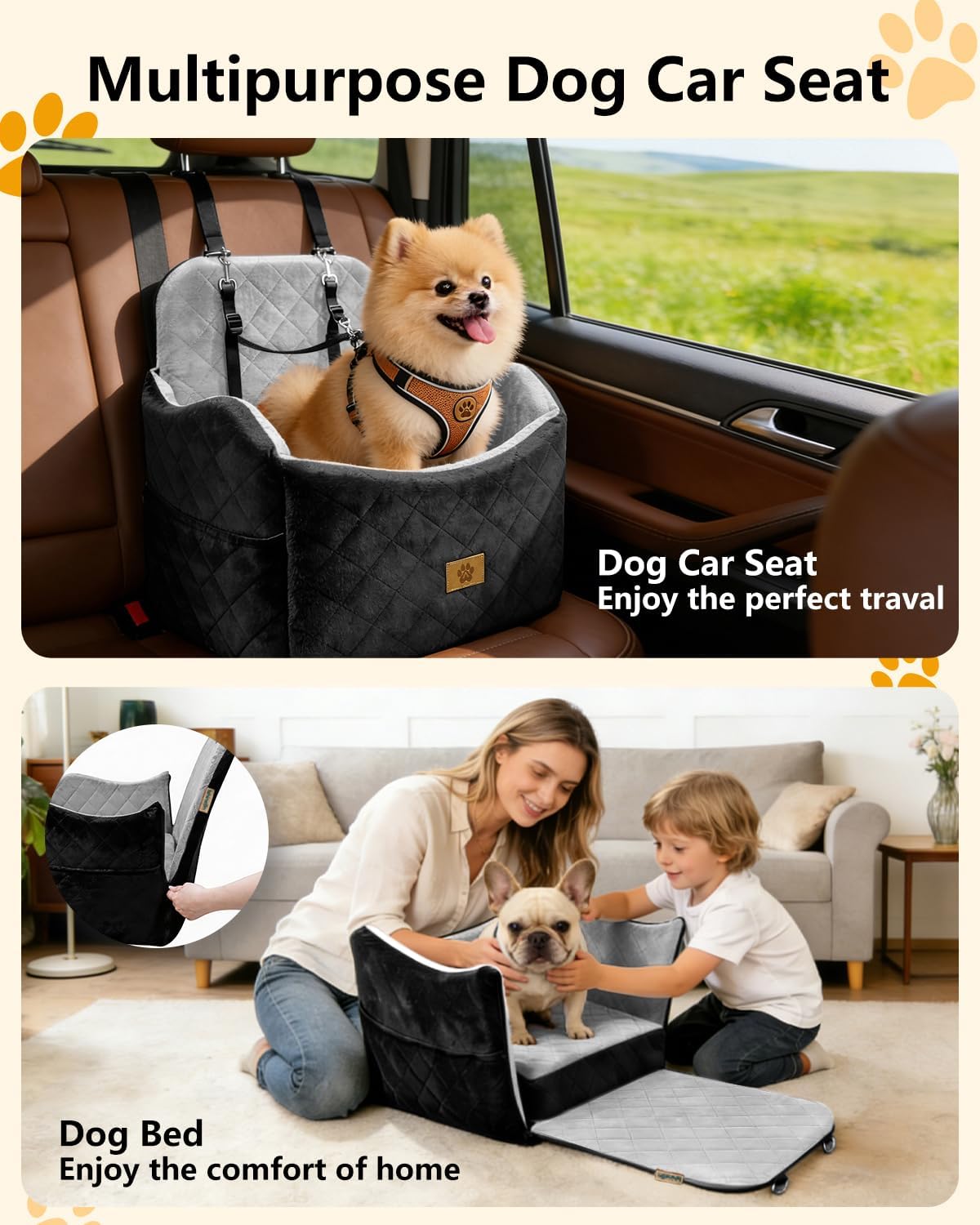 Dog Car Seat for Small/Medium Dogs Up to 35lbs, 2-in-1 Pet Car Seat with Memory Foam, Detachable Washable Dog Bed for Cars, Pet Booster Carseat with Storage Pockets Fits Front/Back Seats (Black/Grey)