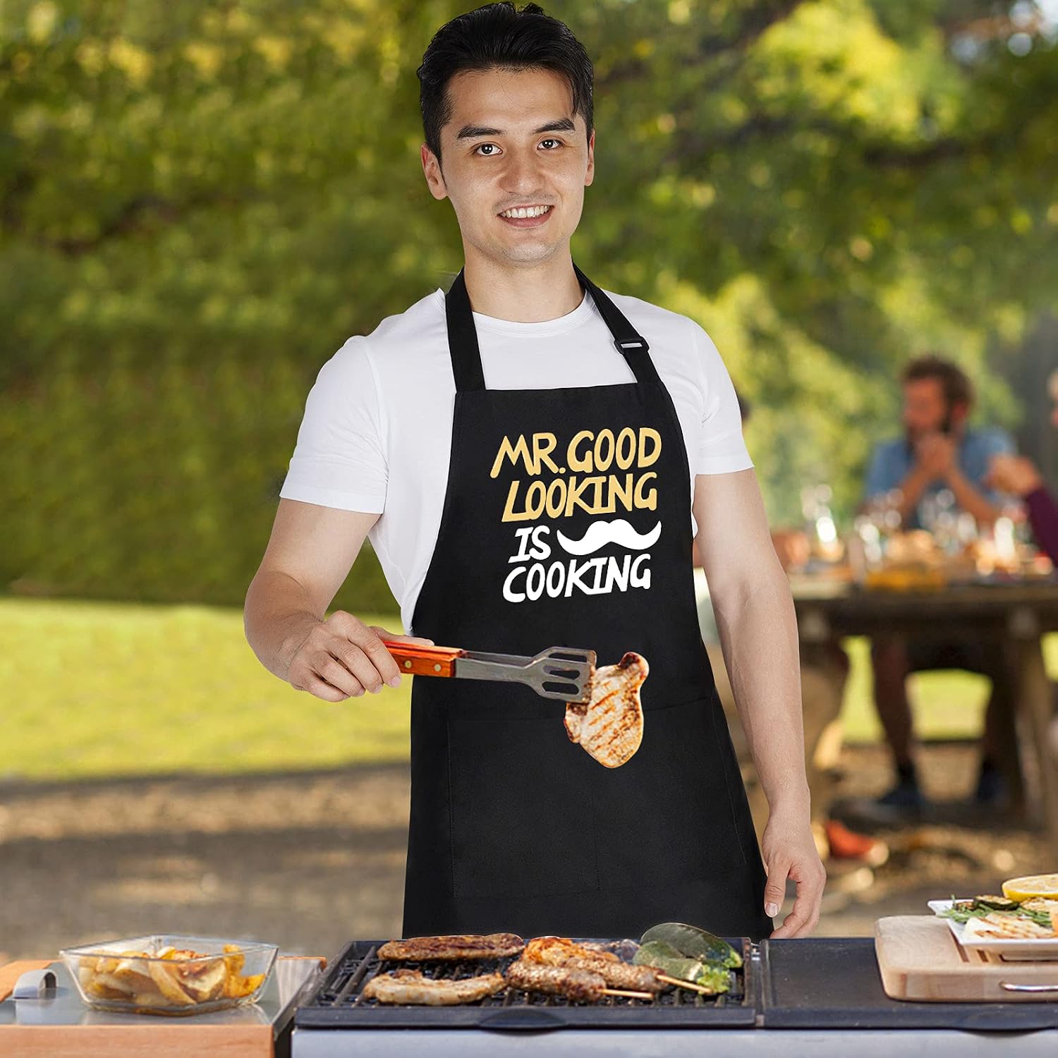 IDEAPRON Funny Apron for Men, Grilling Aprons with 2 Pockets, Adjustable Kitchen Cooking Apron - Cute Thanksgiving's Day, Christmas Apron Gifts for Dad Husband Grandpa - Mr. Good Looking Is Cooking
