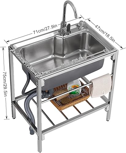 Miniatura 7 de OYhmc Fregadero de acero inoxidable para interiores y exteriores cocina baño jardín restaurante bar estación de trabajo comercial cuenco individual