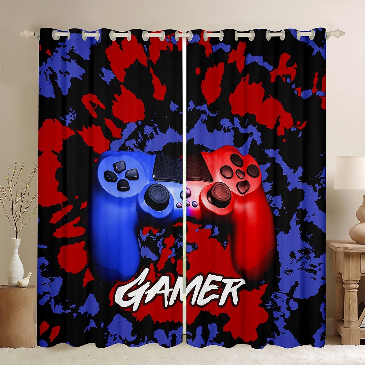 Loussiesd Boys Gamer Curtains Kids Girls Blue Red Tie Dye Window Curtains for Bedroom Living Room Decor Teens Men Player Gaming Gamepad Window Drapes Video Game Window Treatments, Bright W46*L54 — image 1