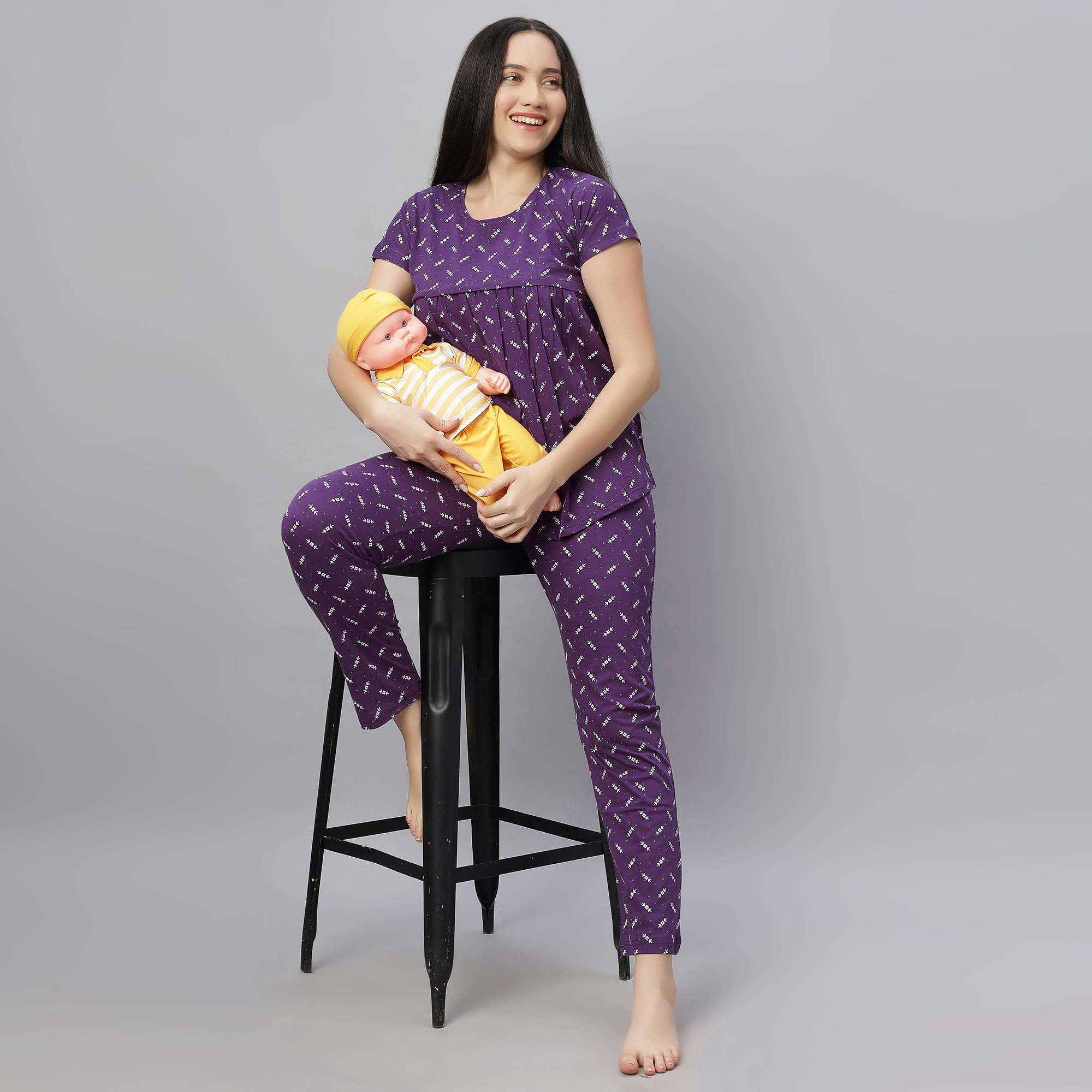 DZZO Women's Cotton Printed Maternity Night Suit | Comfortable Feeding Night Dress | Soft & Breathable Nursing Pajama Set | Color - Purple, Size - XL - Image 6 thumbnail