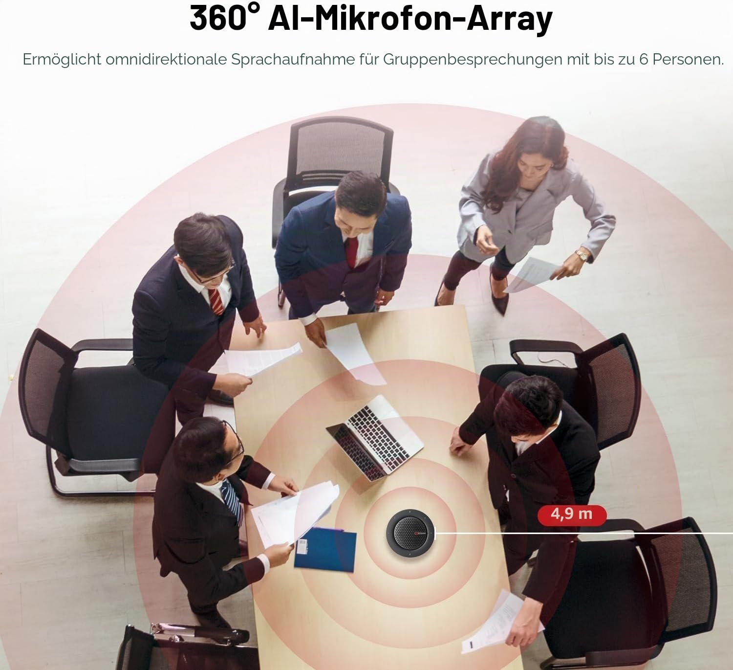 Conference Speakerphone, Daisy Chain bis zu 9 Speakerphones für 50 Person, USB & Bluetooth Speaker mit 4 Mics AI Noise Cancellation 360° Voice Pickup für Zoom,Teams,Conference Call Large Meeting Room