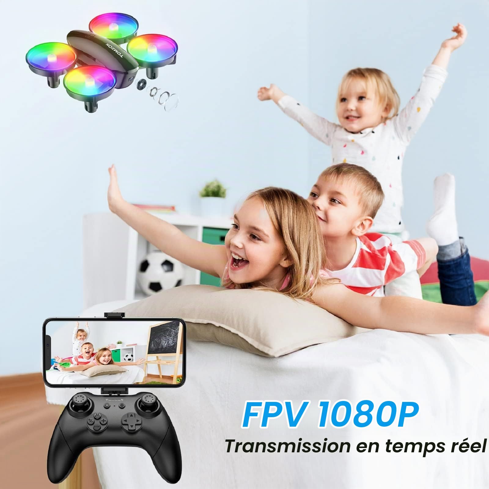Tomzon A23W Mini Drone Enfant avec Caméra 1080P à LED Lumière Coloré pour Enfant et Débutant, 2 Batteries 15mins Autonomie, Maintien d'Altitude/Mode Sans Tête/3D Flip/Auto-Rotation/Vol-Circulaire Noir
