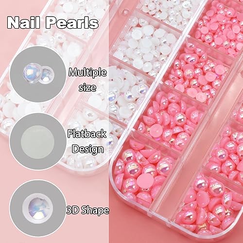 Miniatura 3 de 3000 piezas de uñas con parte trasera plana, semiredondas, perlas de uñas blancas y rosadas, perlas de resina de 6 tamaños para uñas, diamantes de