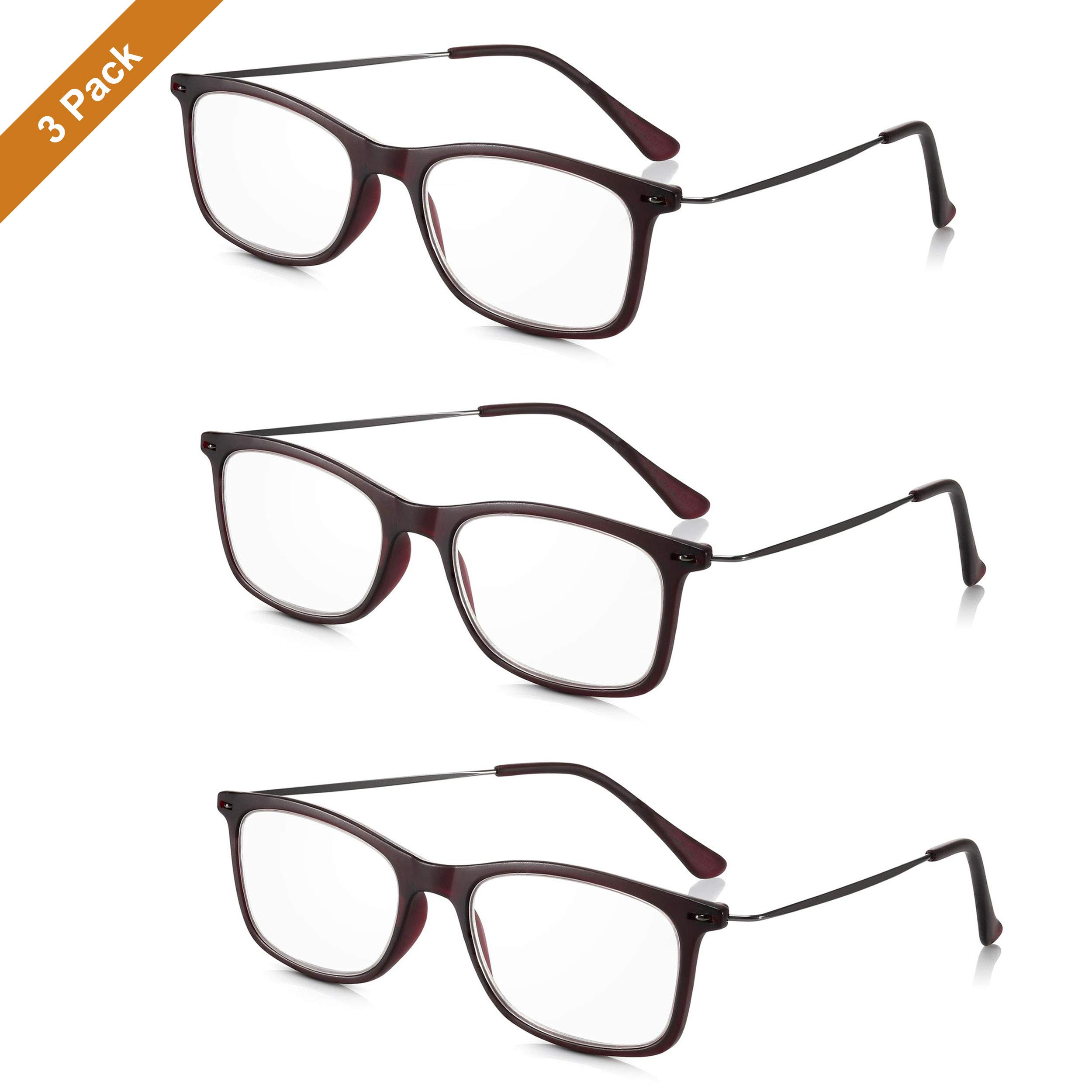 Read Optics Gents/Ladies Non-Prescription Reading Glasses: Retro Italian Style Spectacles in Durable Low Weight Brown Polycarbonate Frames. Classy Slim Metal Arms. +3 Optical Quality Lenses 3 Pack