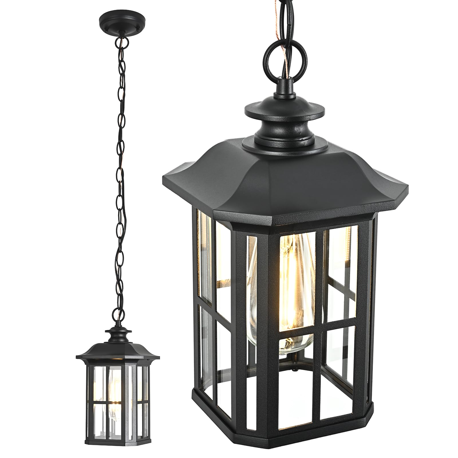 SNRU 3-Light Outdoor Pendant Chandelier – 16" Large, Tempered Glass, Adjustable Chain 71", Dusk-to-Dawn Sensor, Weatherproof For Porch & Gazebo